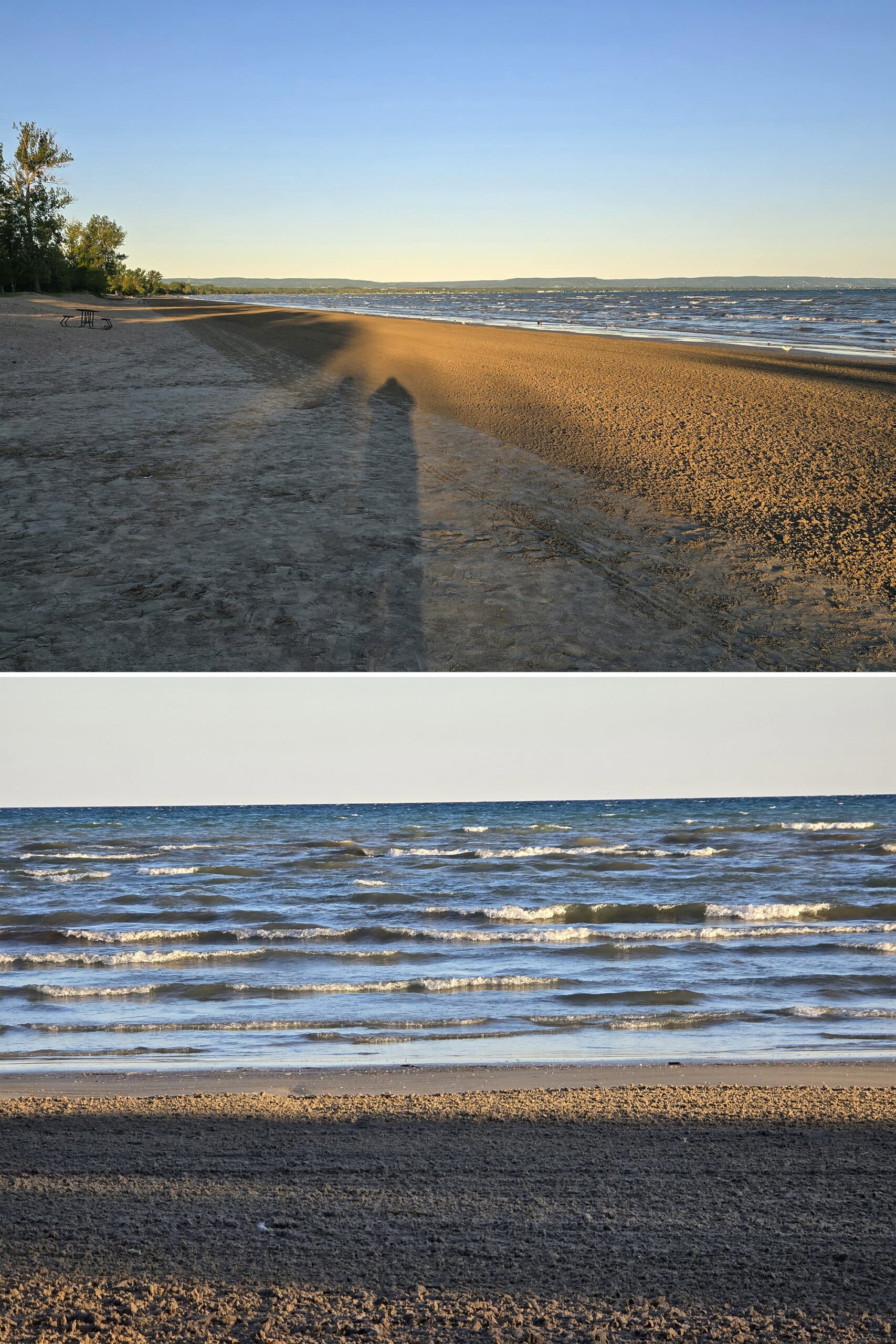 2 part image showing sandy Wasaga beach area 5, and waves rolling in from georgian bay.