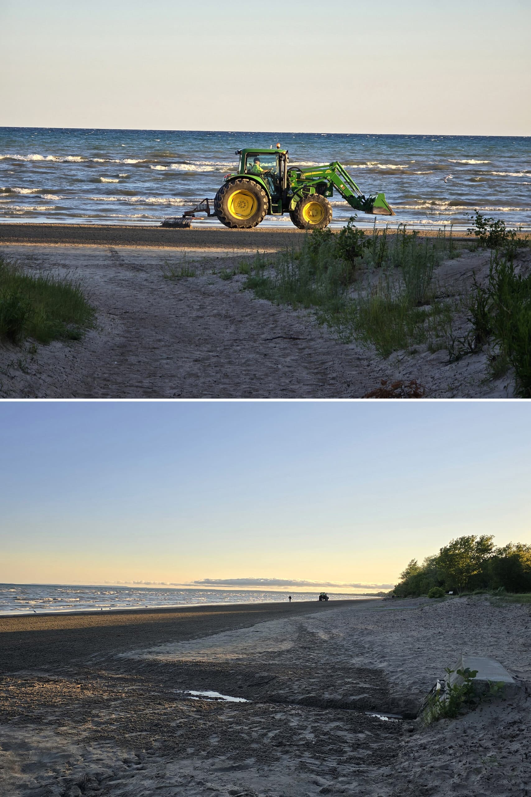 2 part image showing a large tractor grooming a sandy beach at wasaga beach area 5.