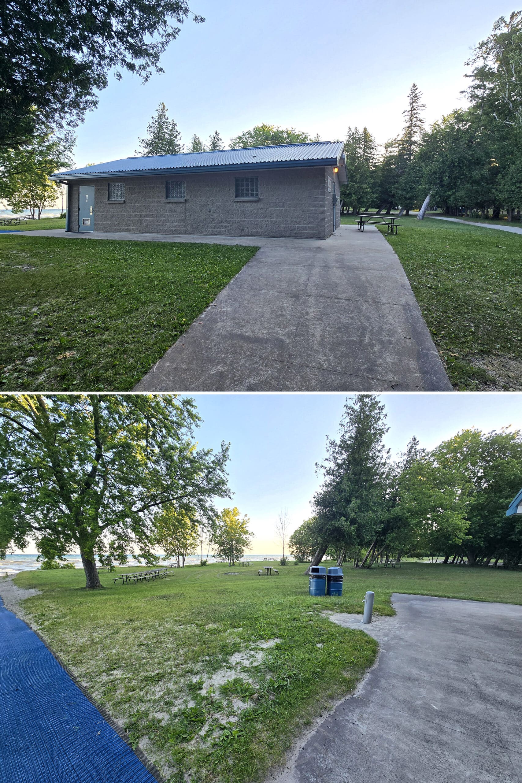 2 part image showing the beach area 5 comfort station and picnic area.