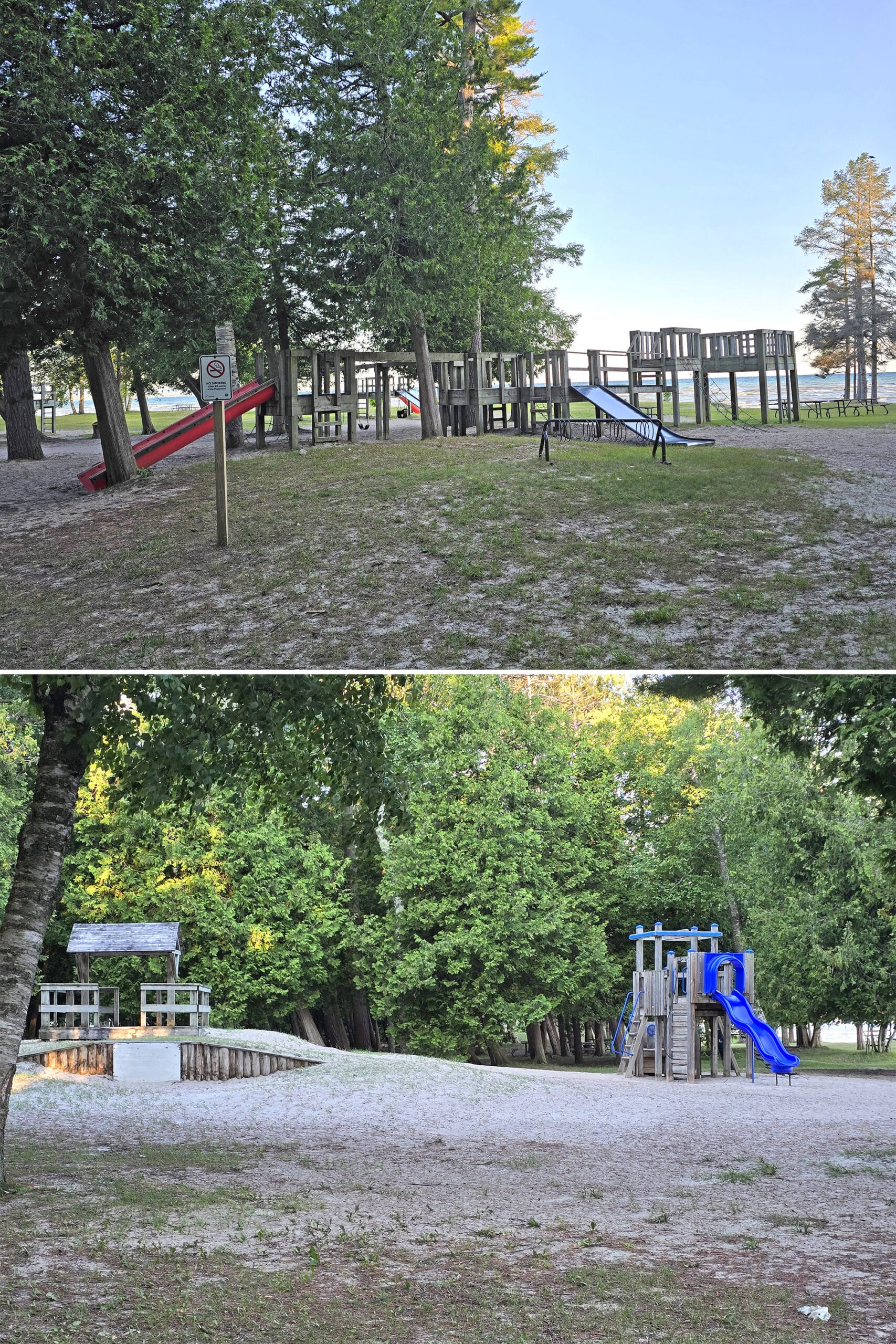 2 part image showing the large playground at Wasaga Beach Area 5.