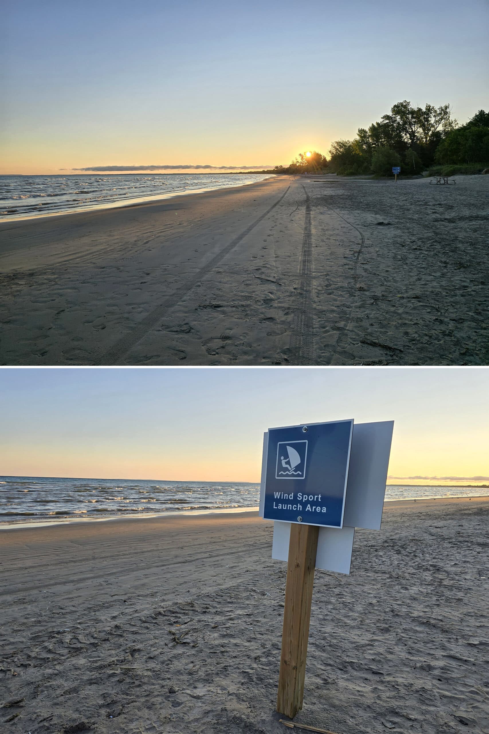 2 part image showing a sandy beach at sunrise, and a sign that indicates a wind sport launching area.