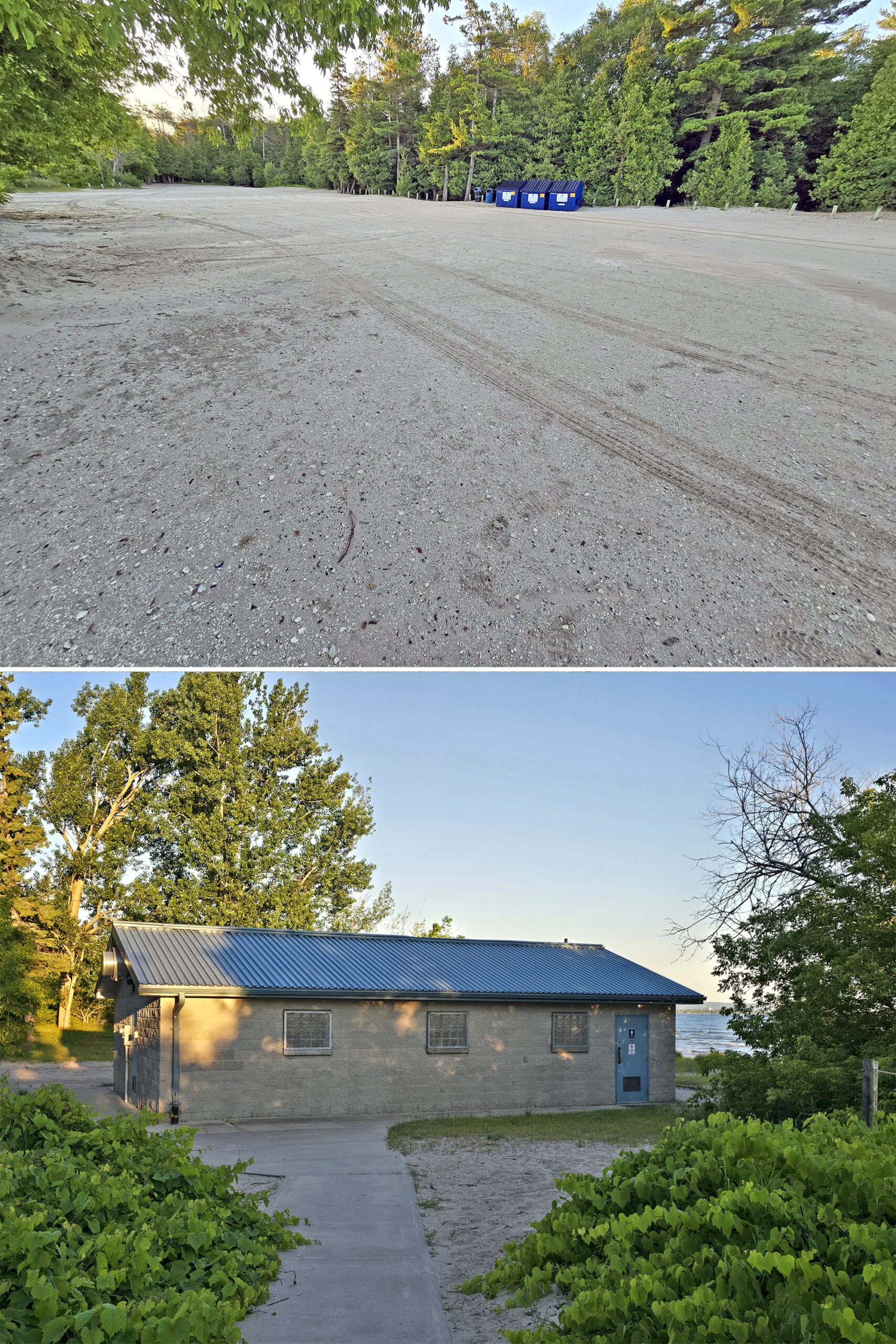 2 part image showing the parking and comfort station at Wasaga beach area 6.