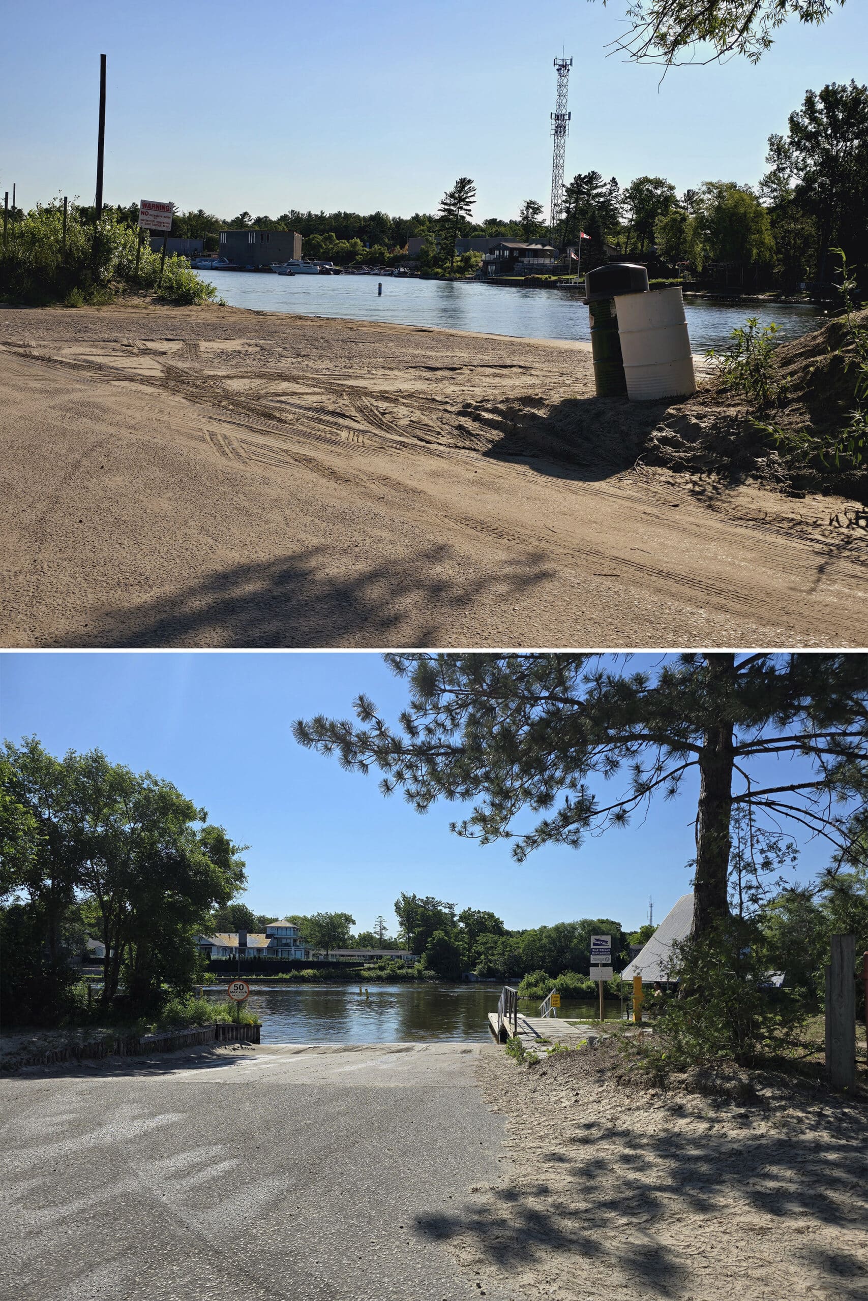 2 part image showing the 2 boat launches at Wasaga Beach Provincial Park.