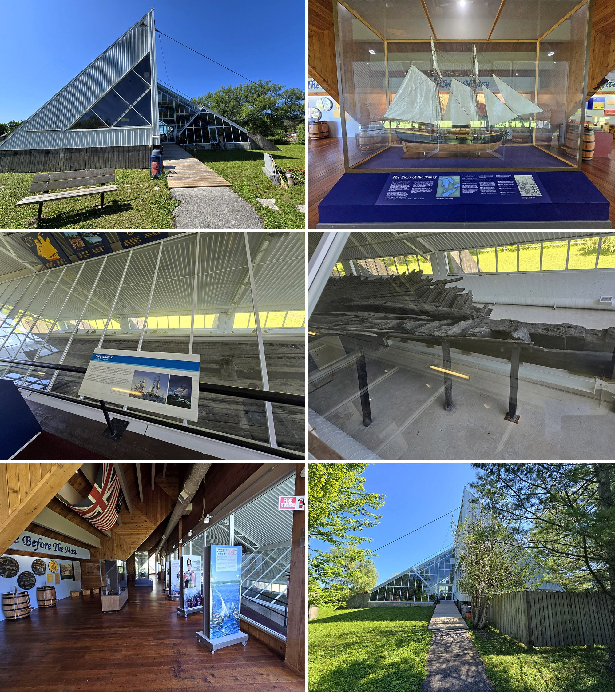 6 part image showing various views of and inside the Nancy Island museum.