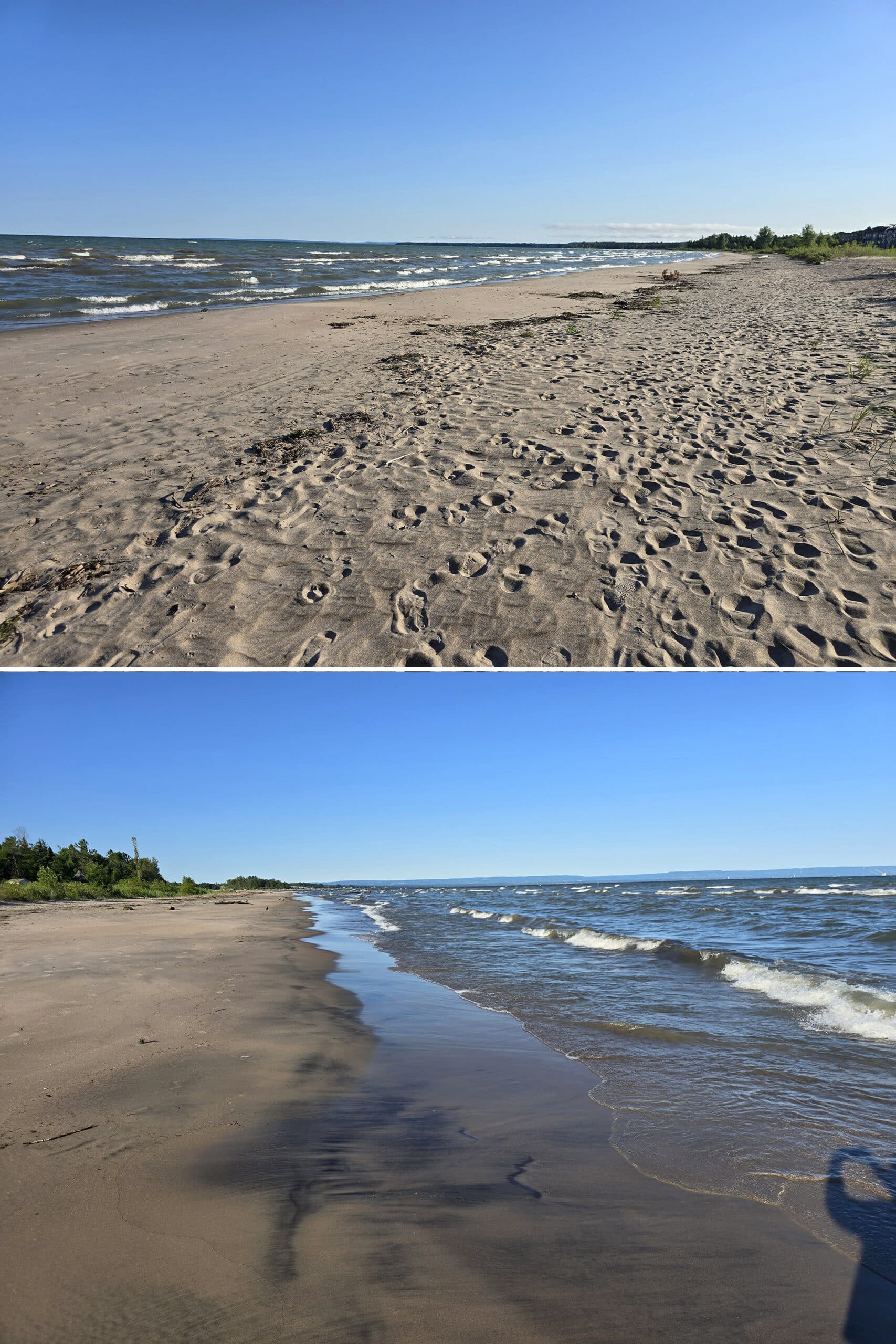 2 part image showing a sandy beach at new wasaga beach area.