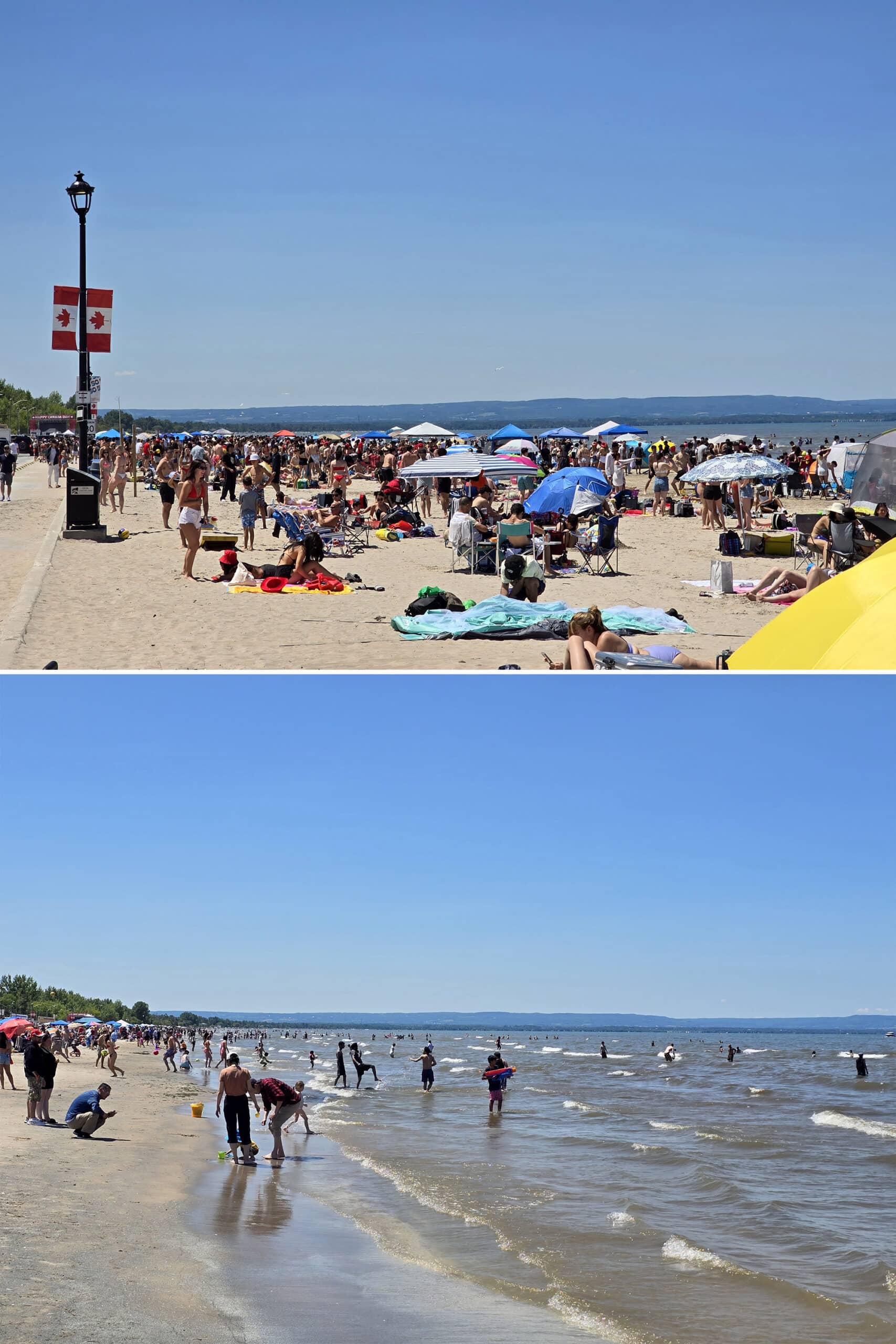 2 part image showing a crowded beach at wasaga beach provincial park, and people swimming in georgian bay.