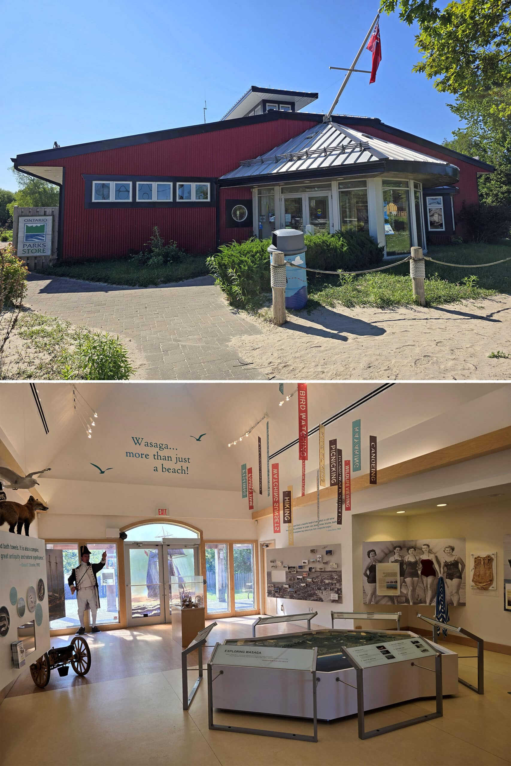2 part image showing the inside and outside of the wasaga beach welcome centre.