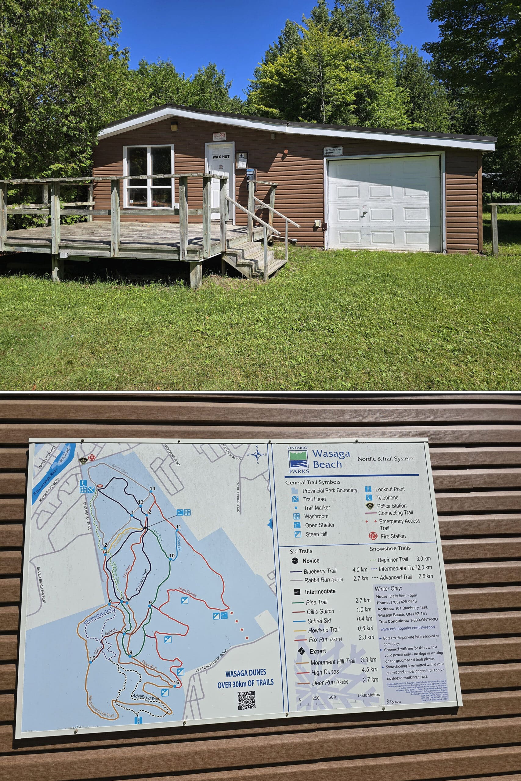 2 part image showing the wasaga beach nordic centre and a winter trail map on the outside of the building.