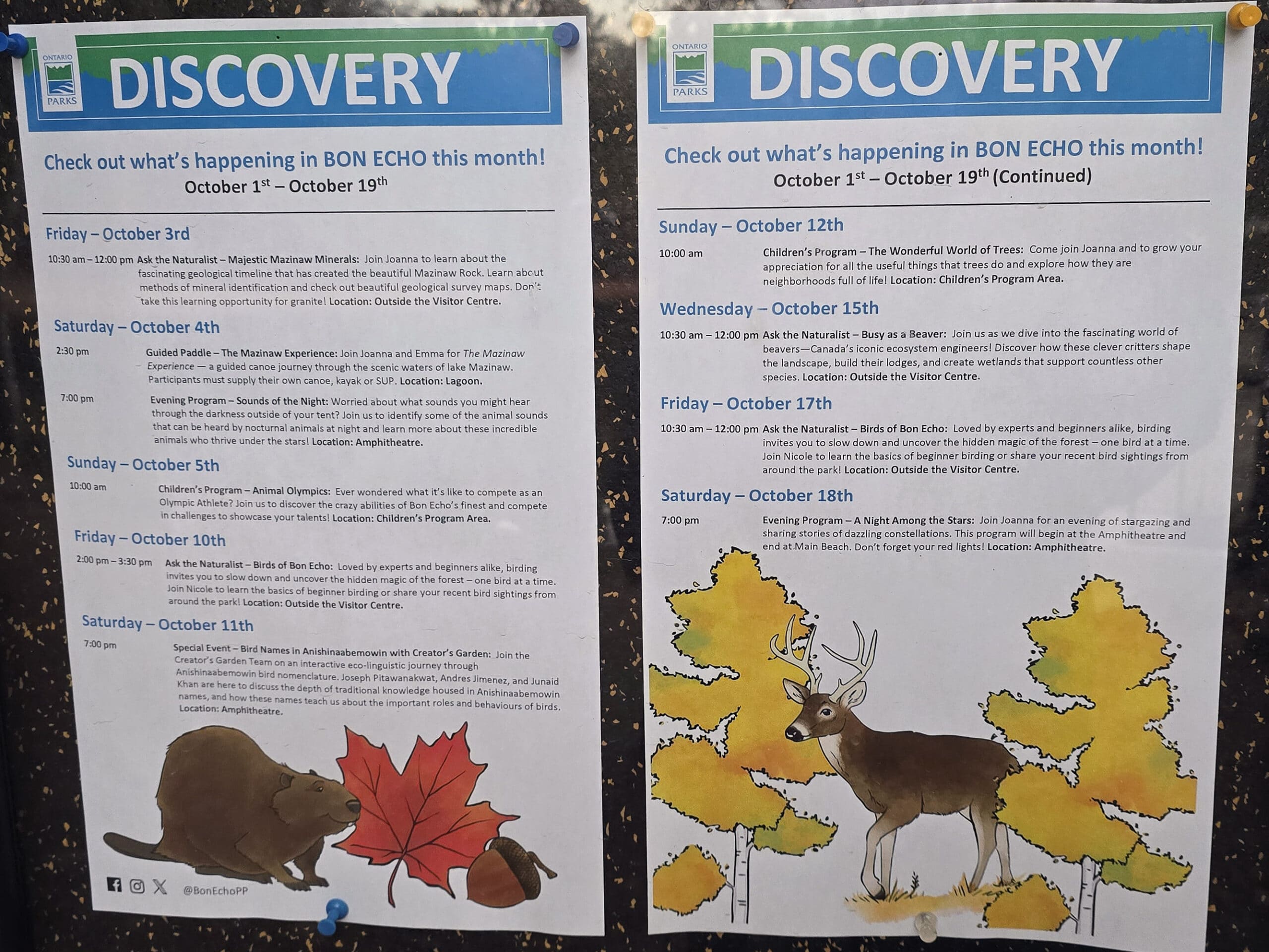 2 printouts showing the bon echo provincial park discovery programming schedule for October 2025.