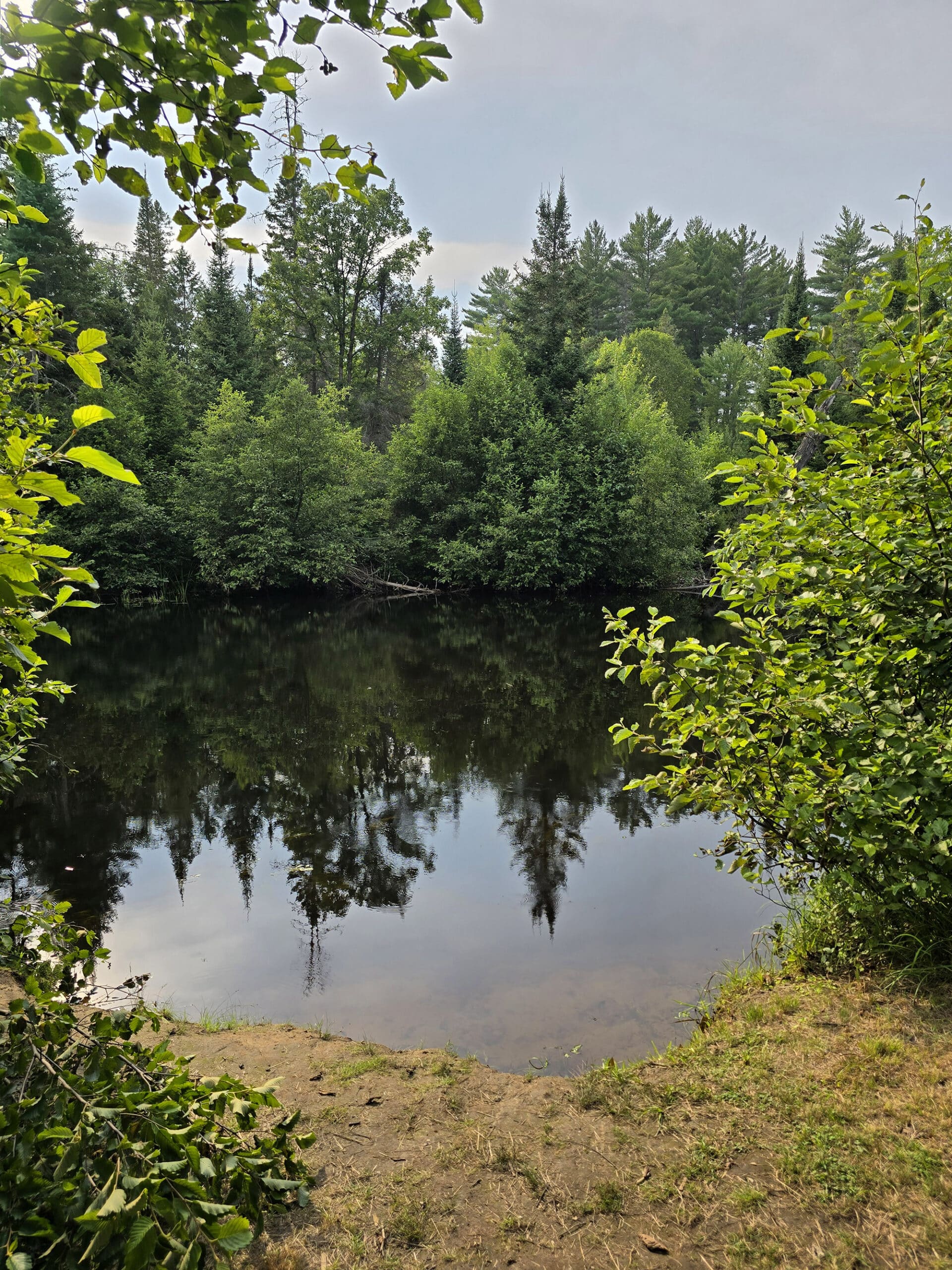 The Bonnechere River passing behind a campsite.