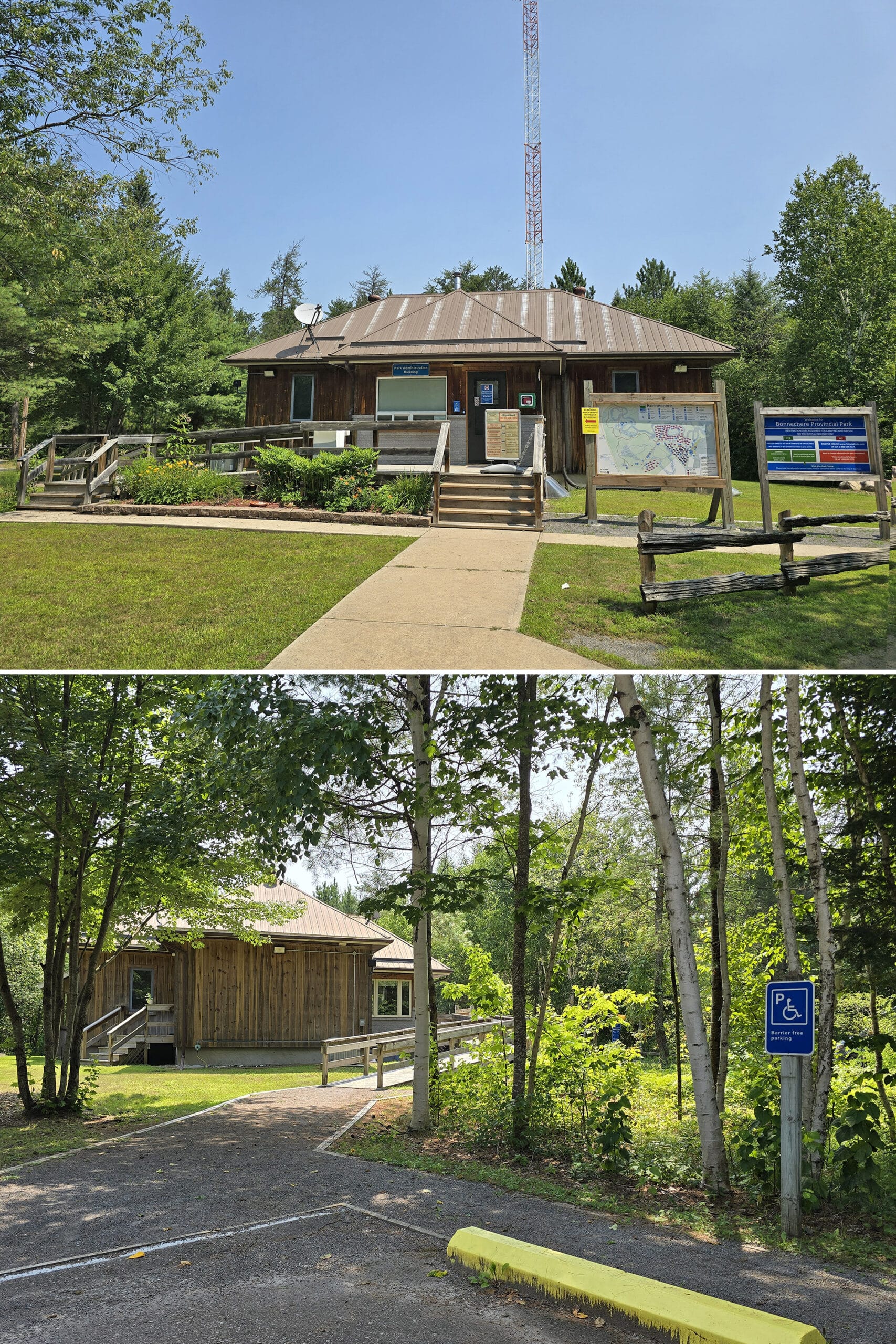 2 part image showing the park gatehouse / admin building.