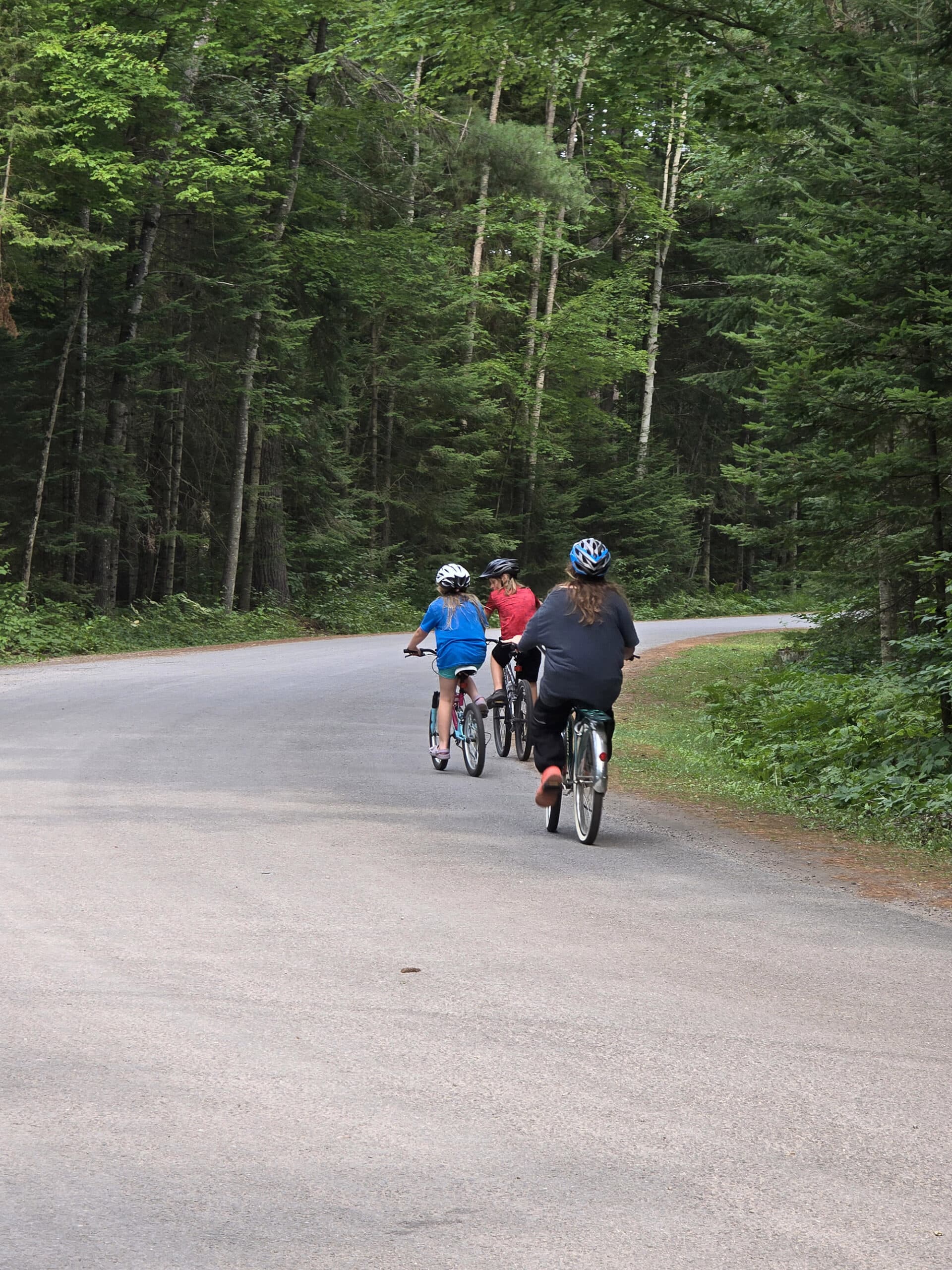 3 kids cycling into the distance.