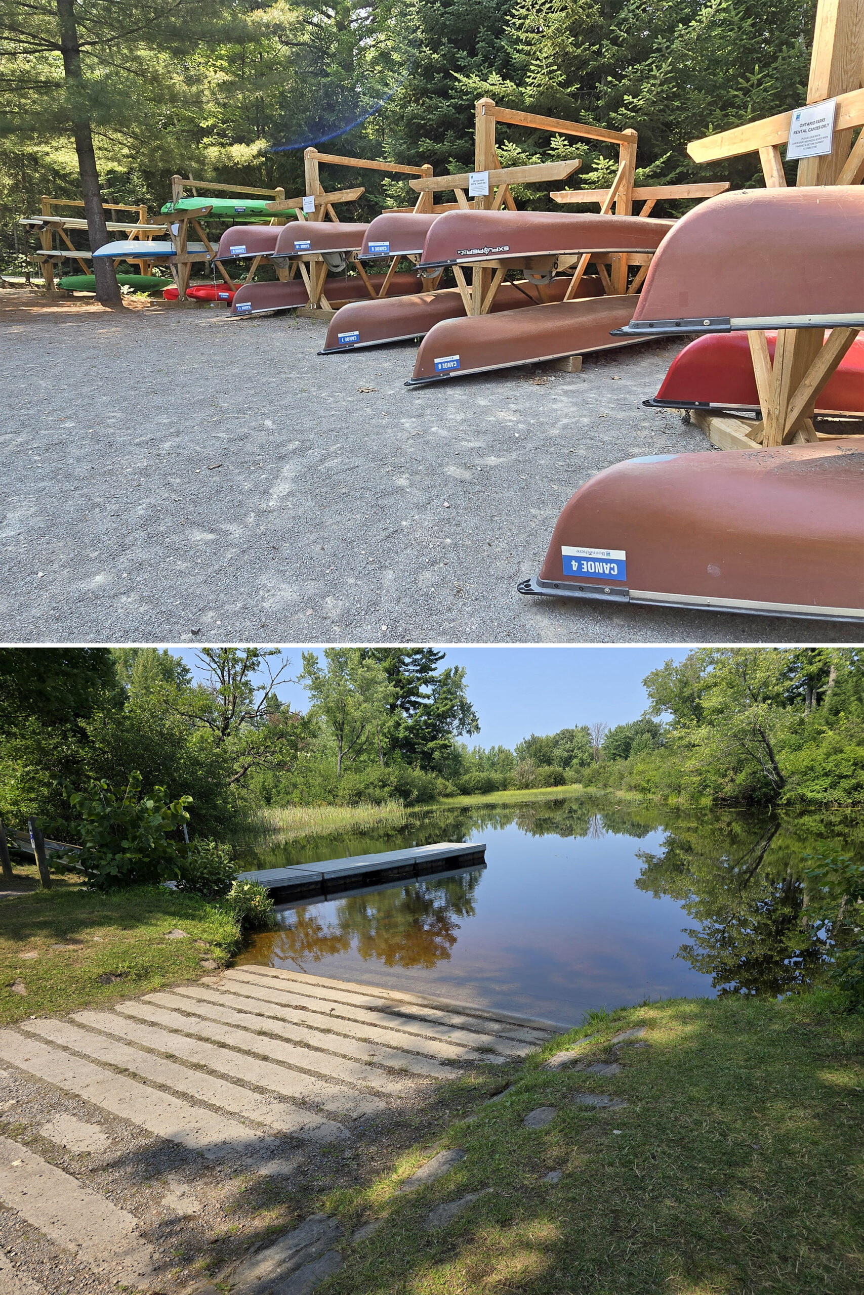 2 part image showing the Bonnechere park boat launch and canoe rentals area.