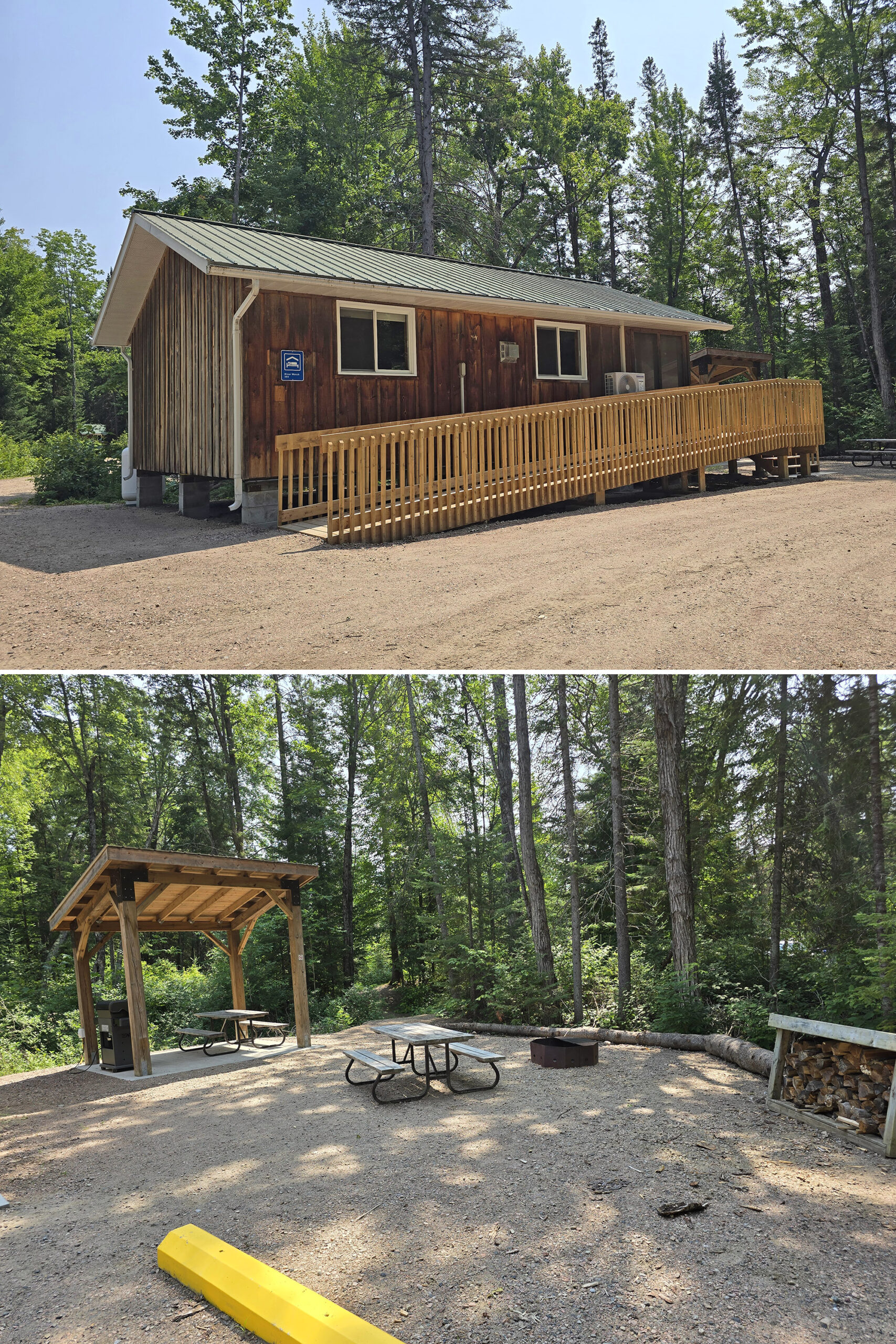 2 part image showing one of Bonnechere Provincial Park's cabins, and the patio behind it.