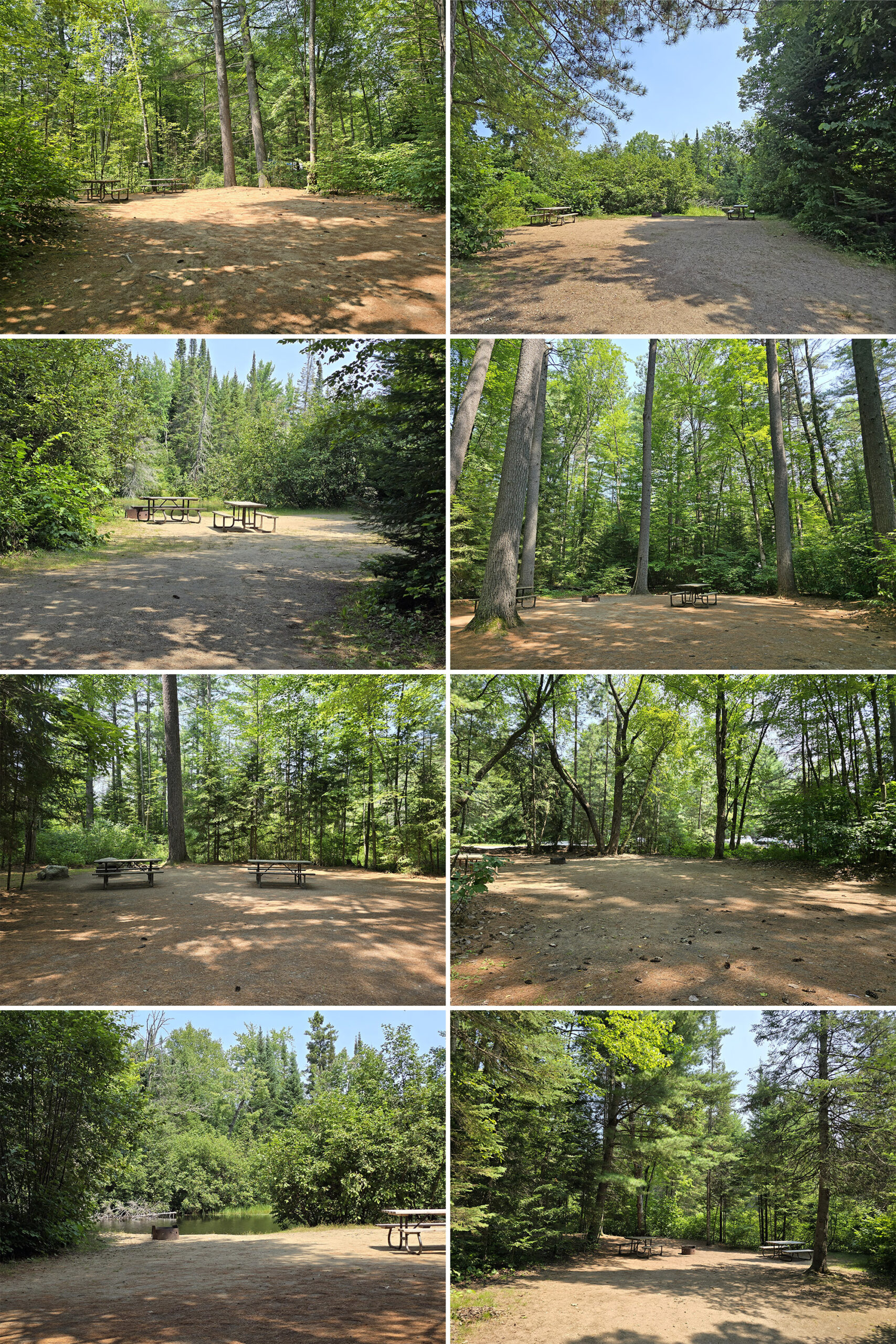 8 part image showing various Bonnechere Provincial Park campsites.