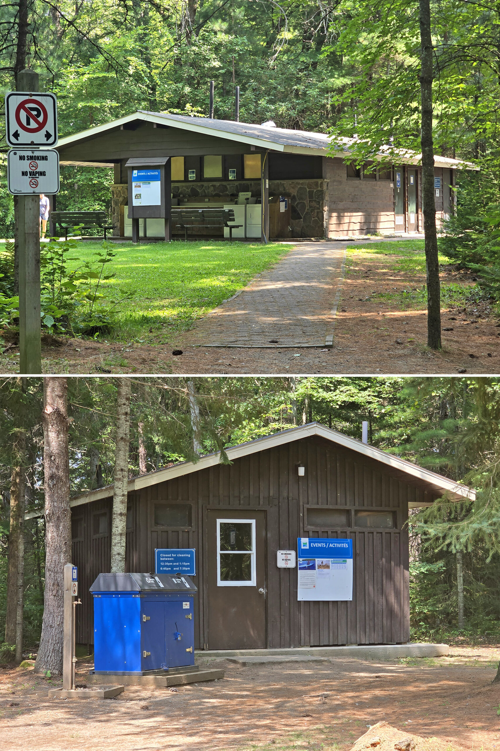 2 part image showing the comfort stations at Bonnechere Park.