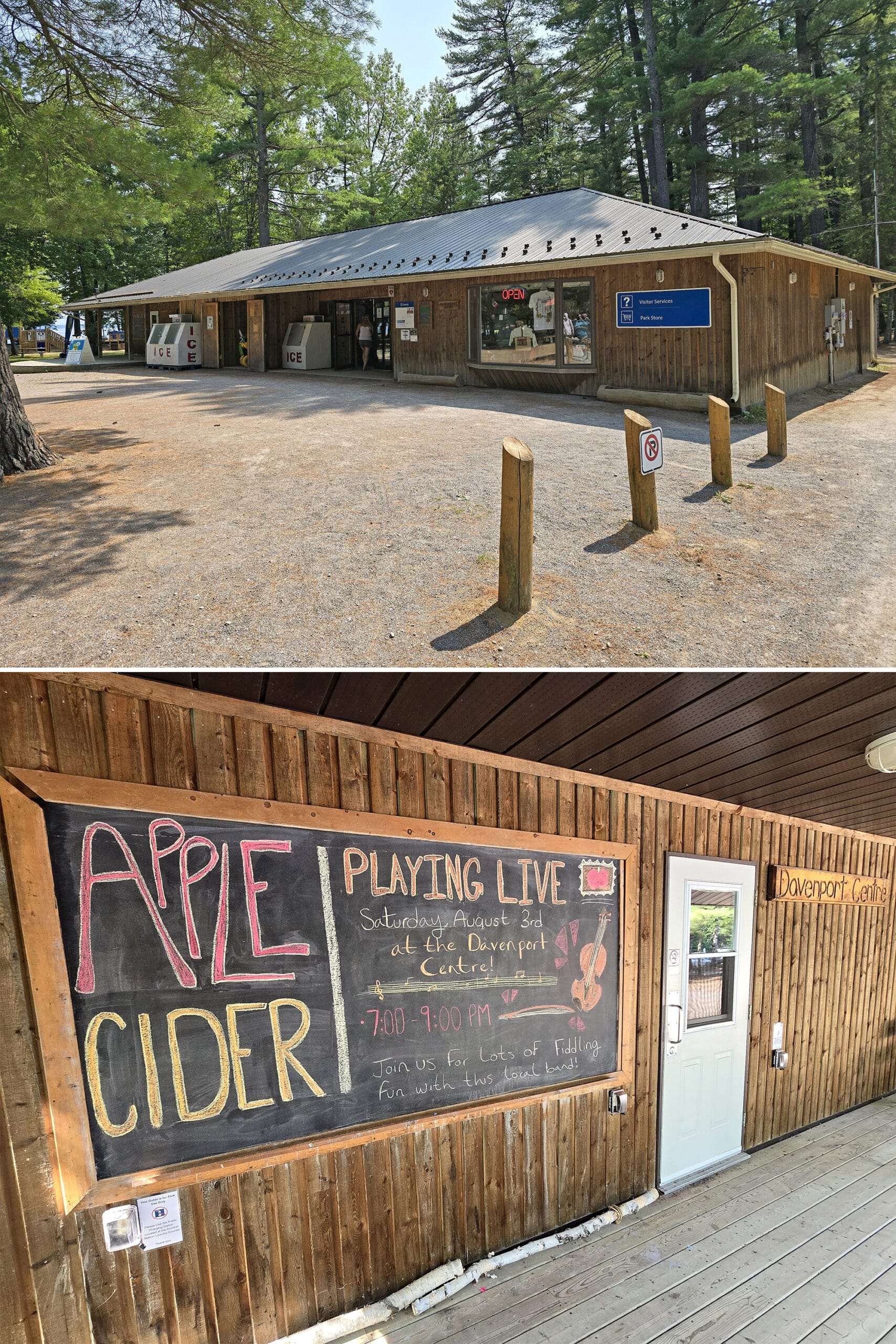 2 part image showing the Bonnechere provincial park visitor centre and a sign out front about an upcoming event.