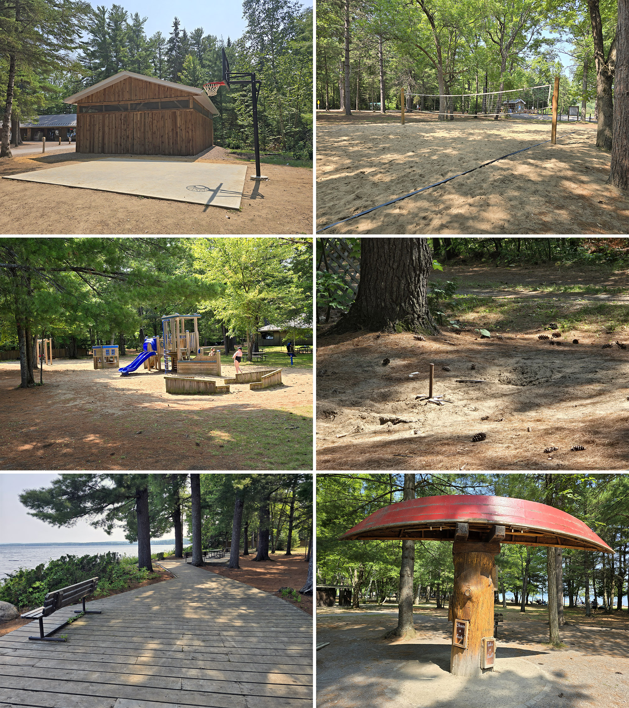 6 part image showing the various recreational facilities at the Bonnechere day use area.