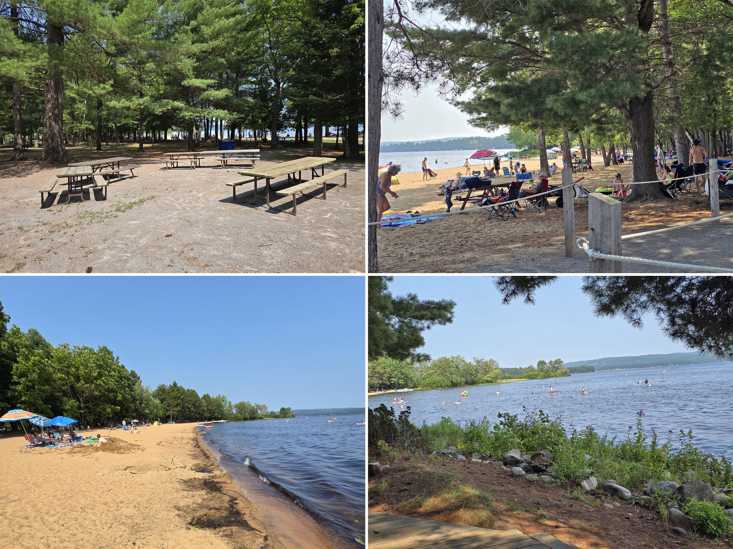 4 part image showing the Bonnechere Provincial Park beach and day use picnic area.