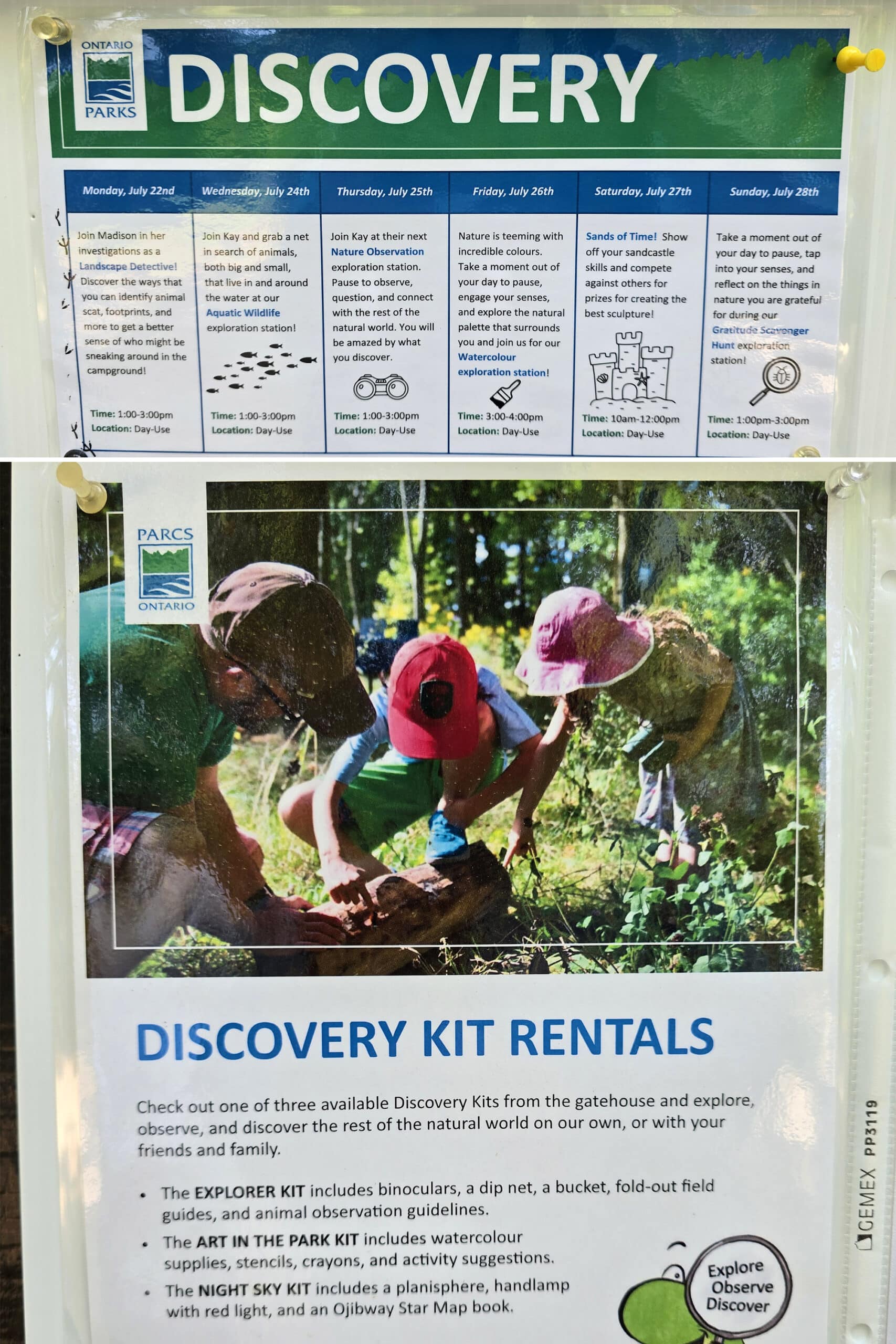 2 part image showing signage about Bonnechere Provincial Park's discovery programming for the week.