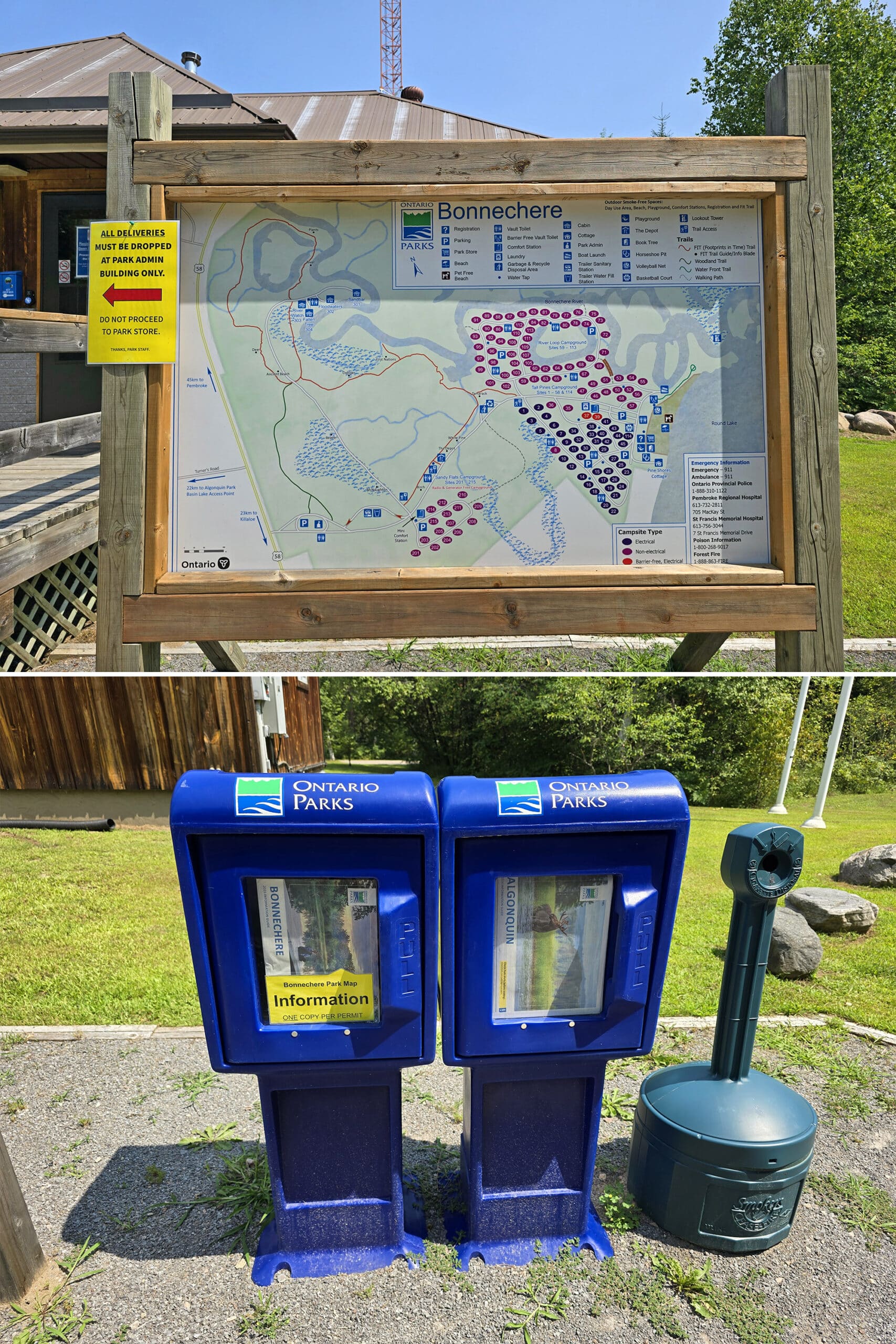 2 part image showing a large map sign, and 2 newspaper dispensers with park maps.