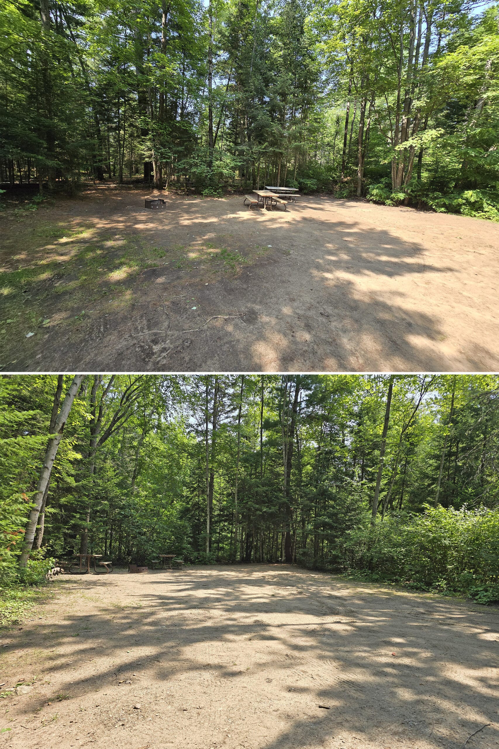 2 part image showing campsites bordered by trees.