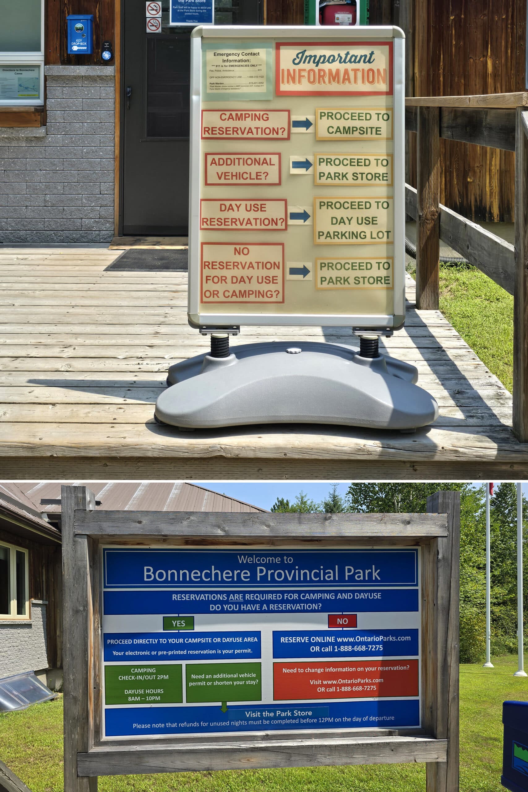 2 part image showing flow chart style signage directing campers where to go.