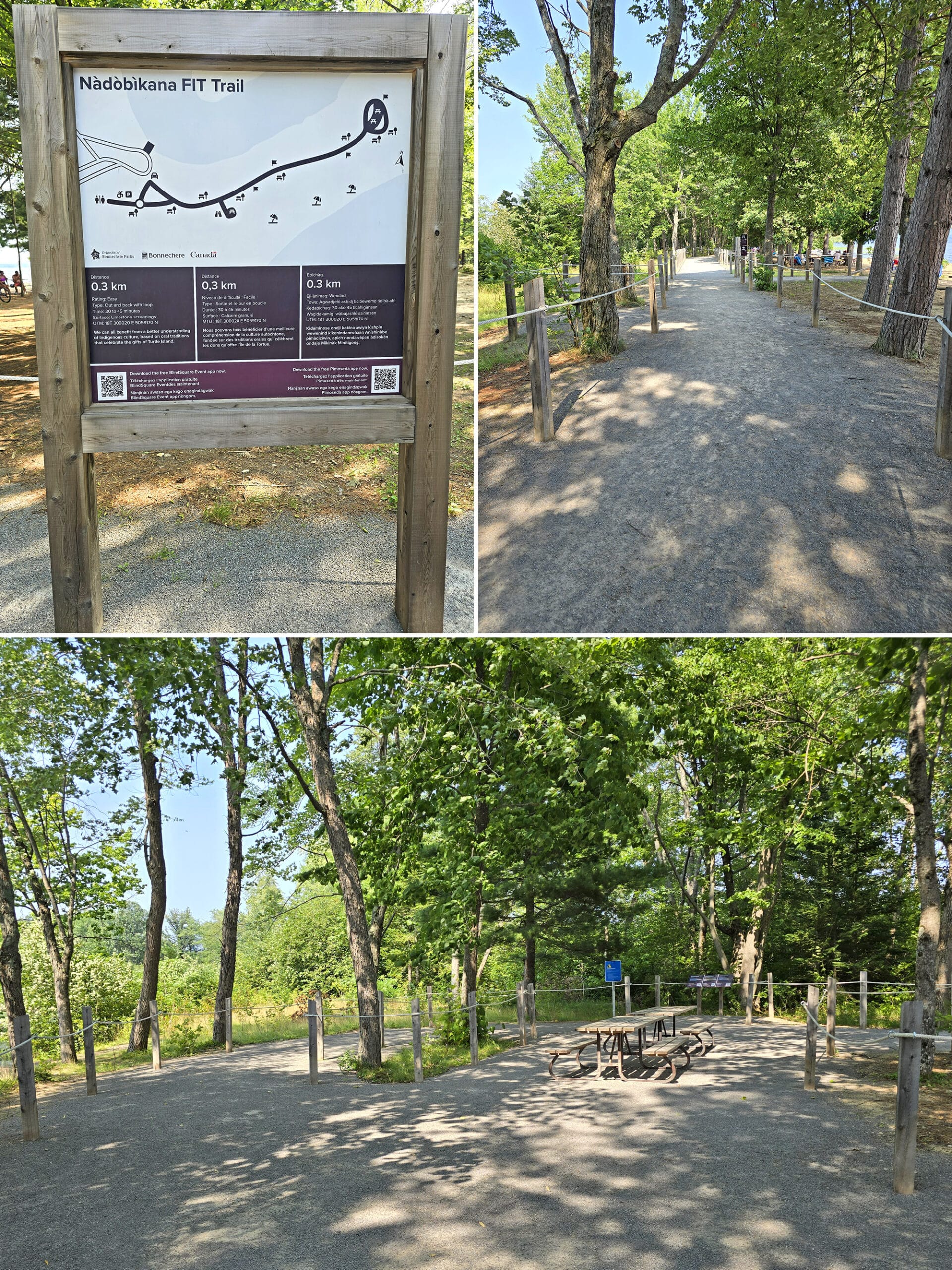 3 part image showing various views along the Waterfront FIT Trail at Bonnechere Provincial Park.