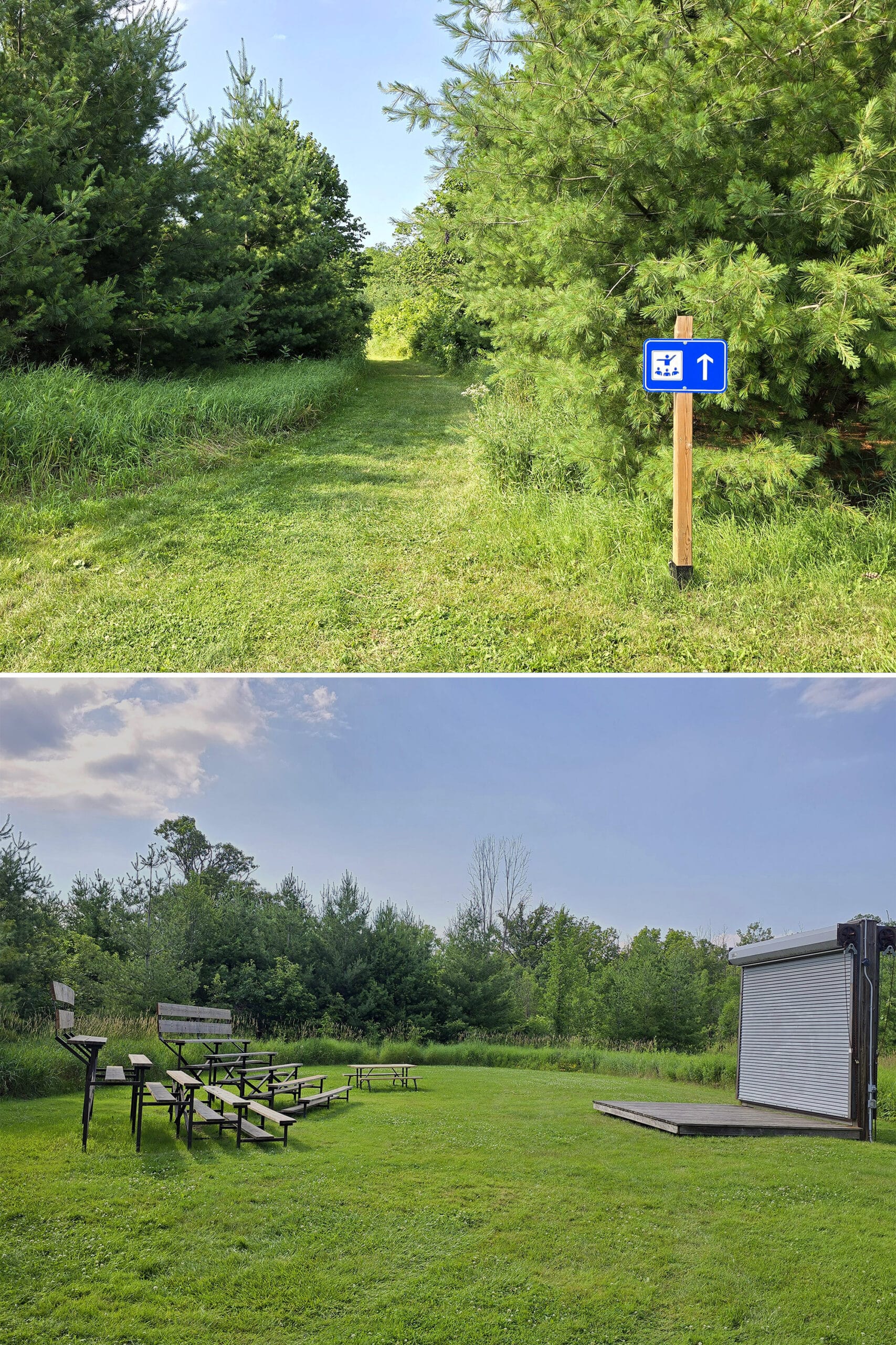 2 part image showing a grassy trail, and a small outdoor amphitheatre.