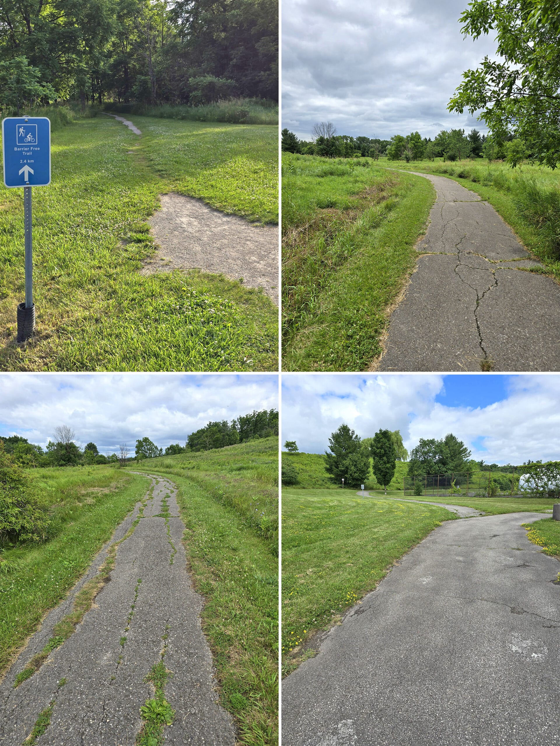 4 part image showing various views of the path on the Barrier-Free Trail.