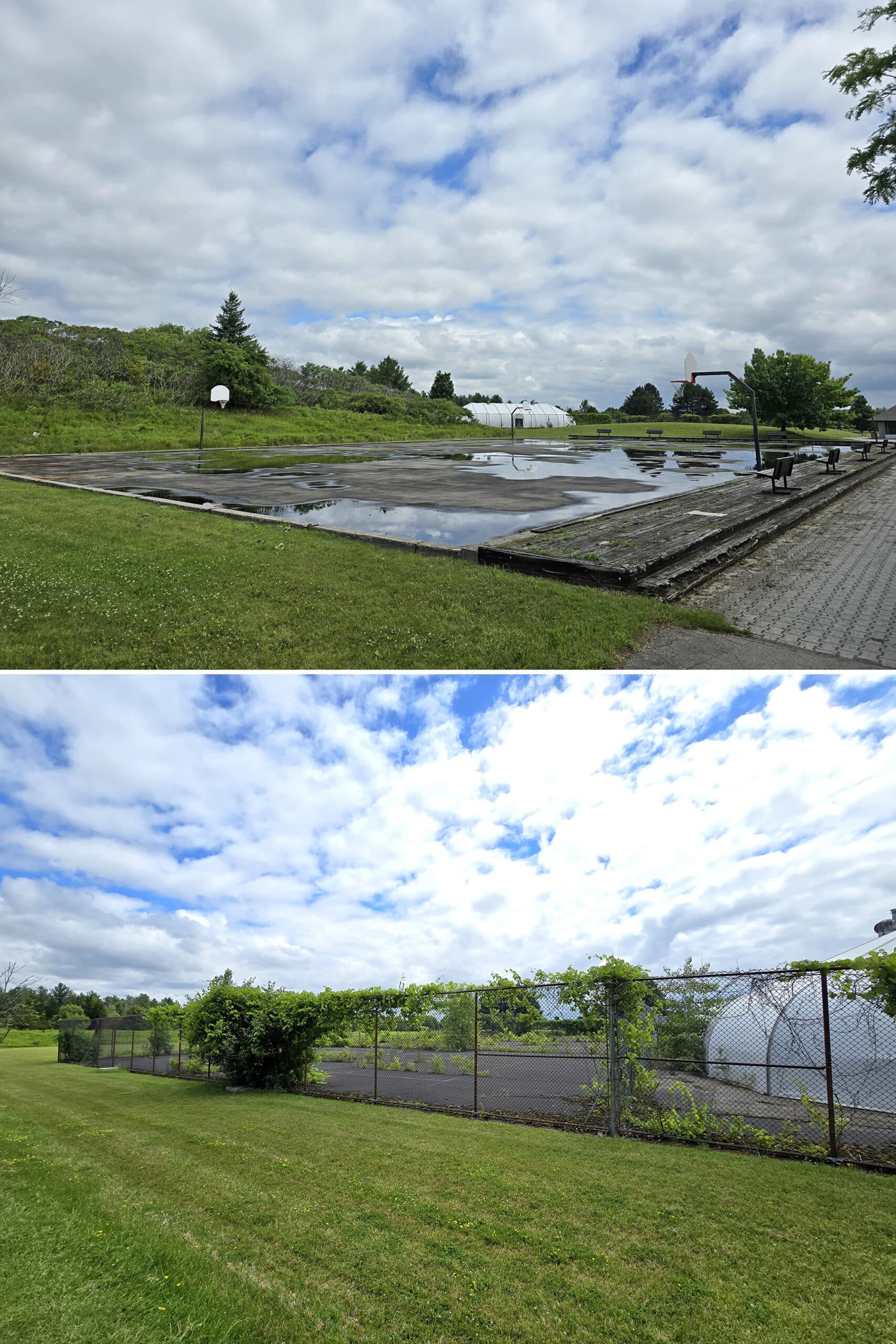 2 part image showing a large basketball court and a tennis dome with overgrown outdoor tennis courts.