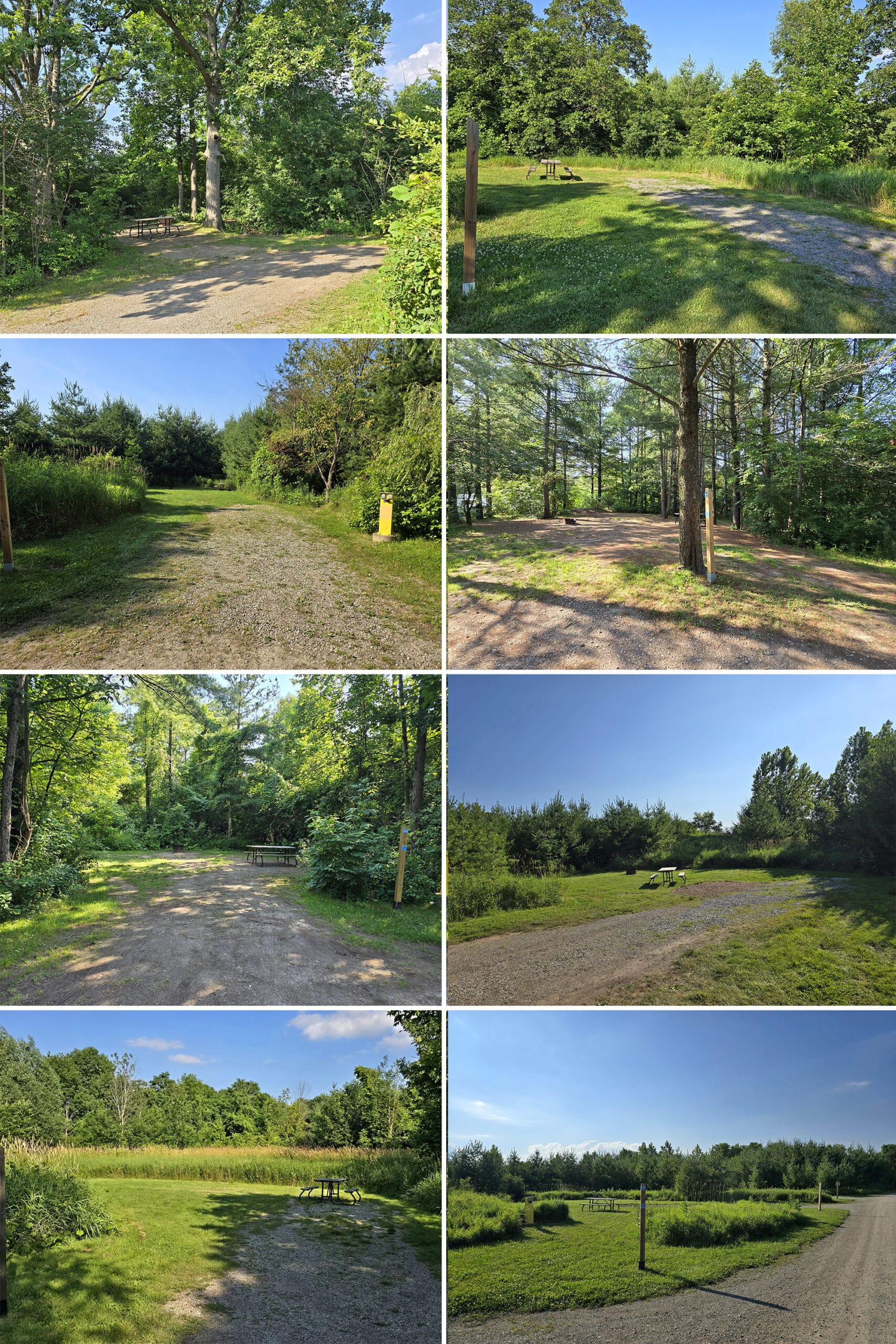 8 part image showing various campsites at Bronte Creek Provincial Park.