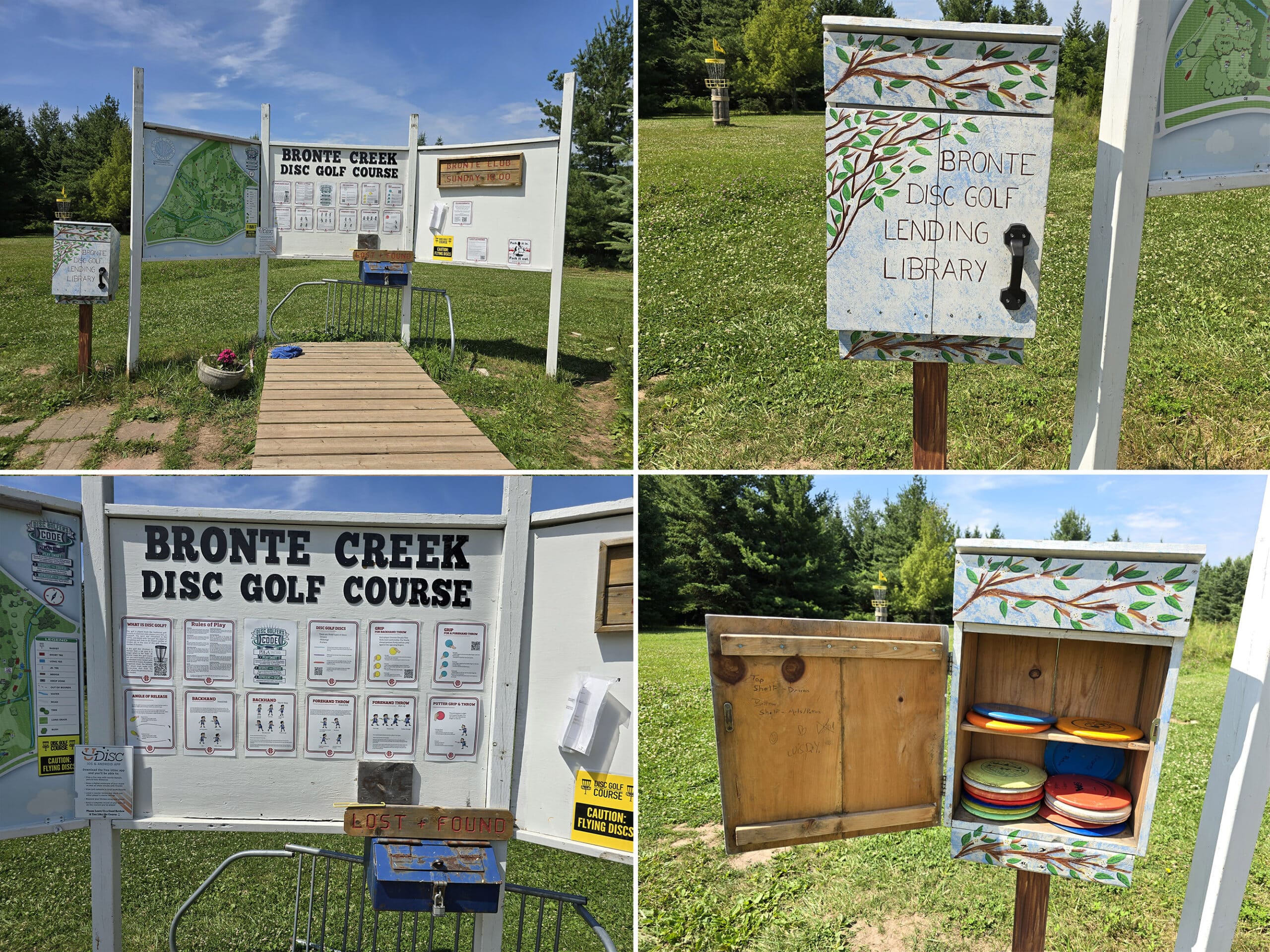 4 part image showing the entry area for Disc Golf, including the lending library and signage.