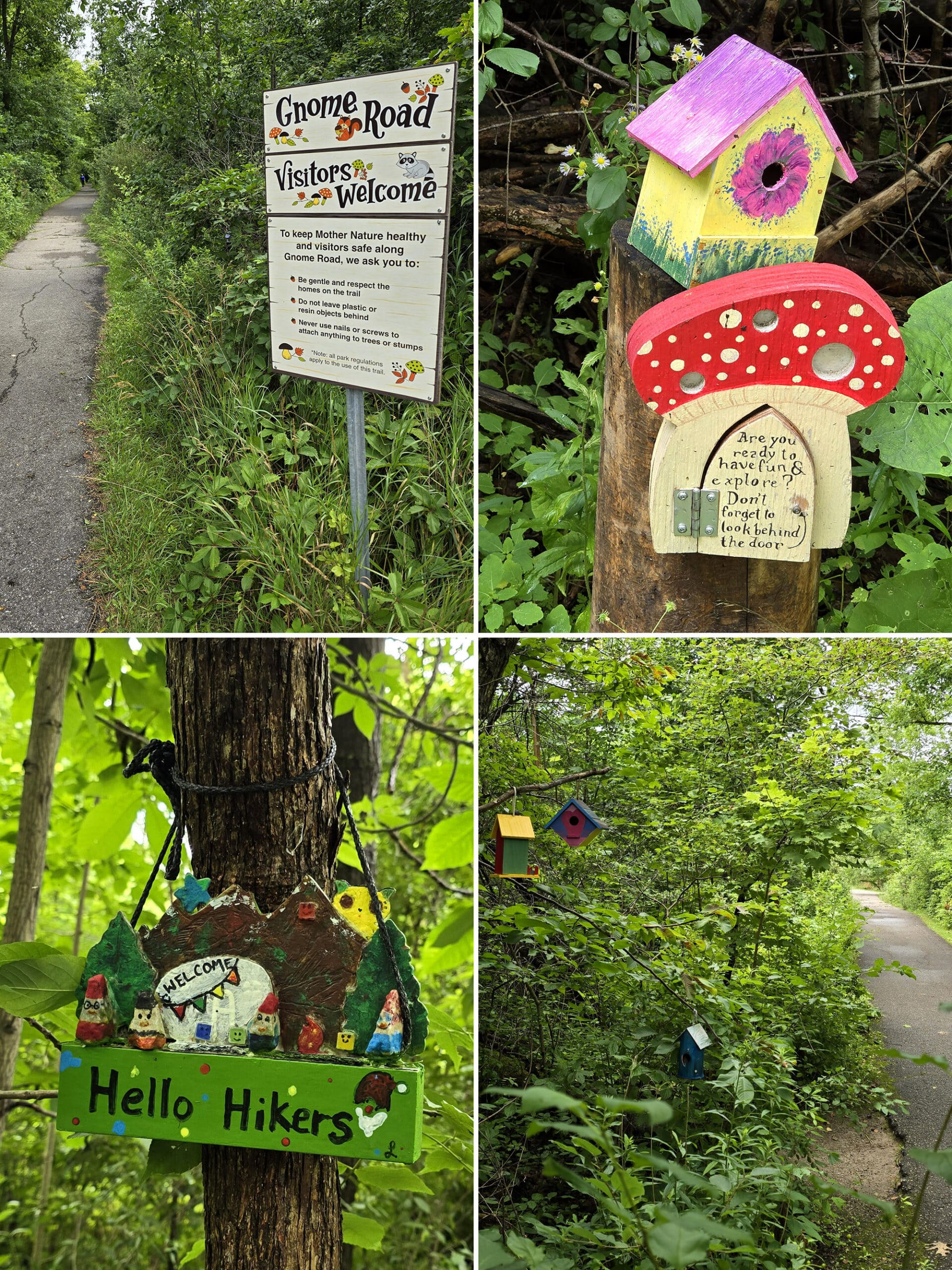 4 part image showing various gnome houses on the gnome road trail.