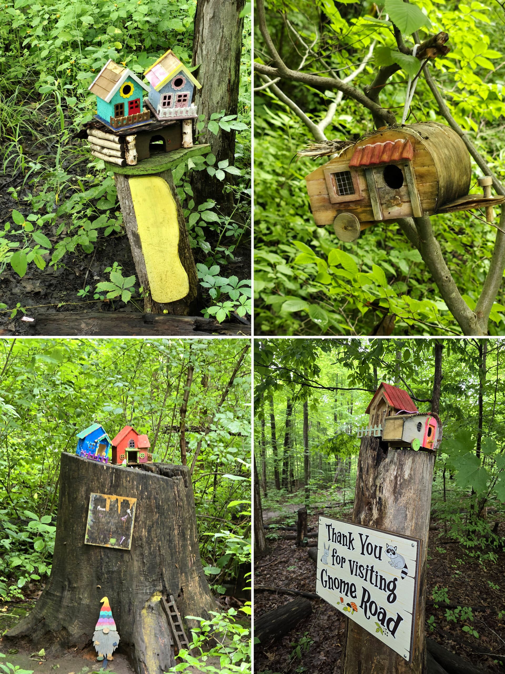 4 part image showing various gnome houses on the gnome road trail.