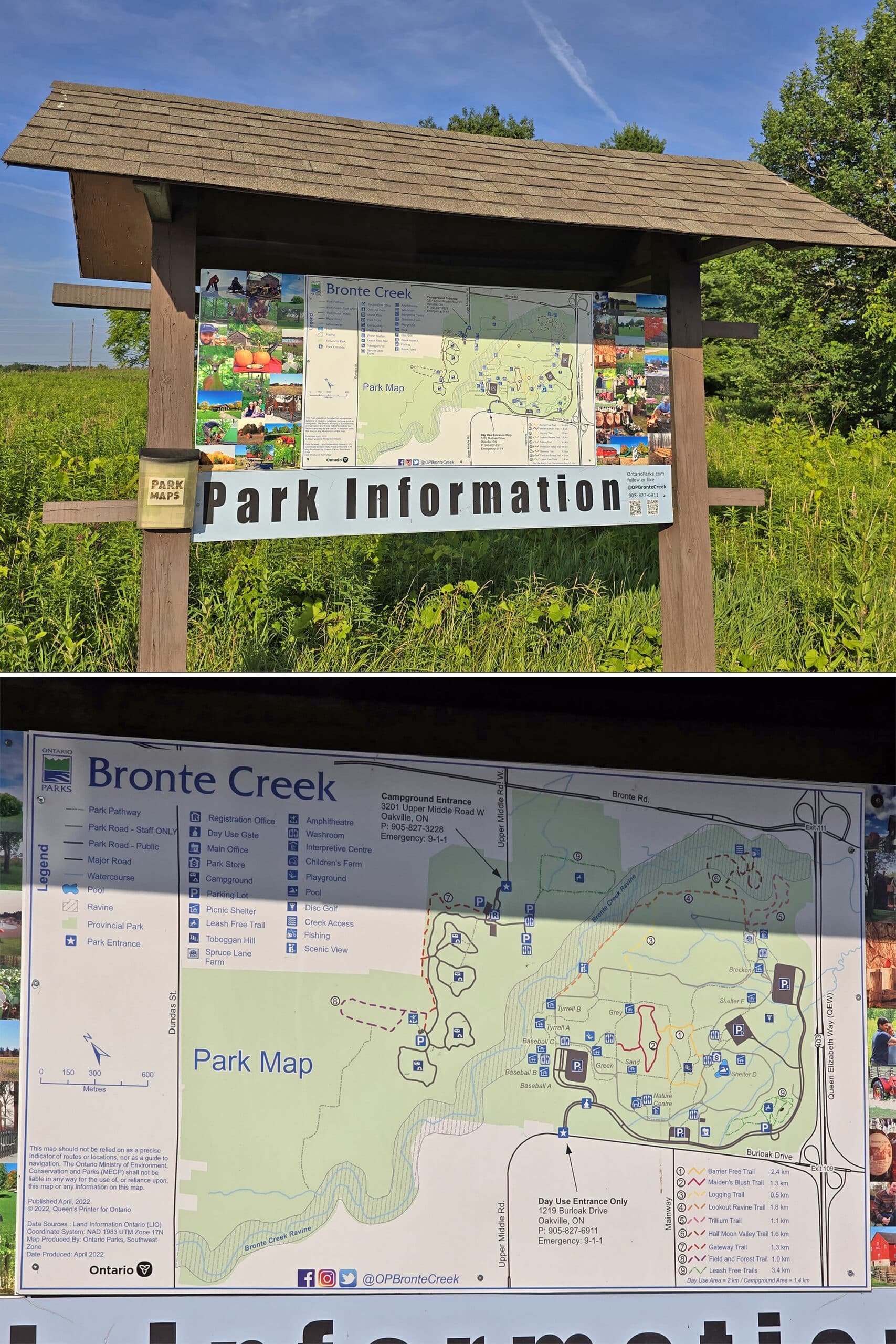 2 part image showing a large sign with the park map on it.