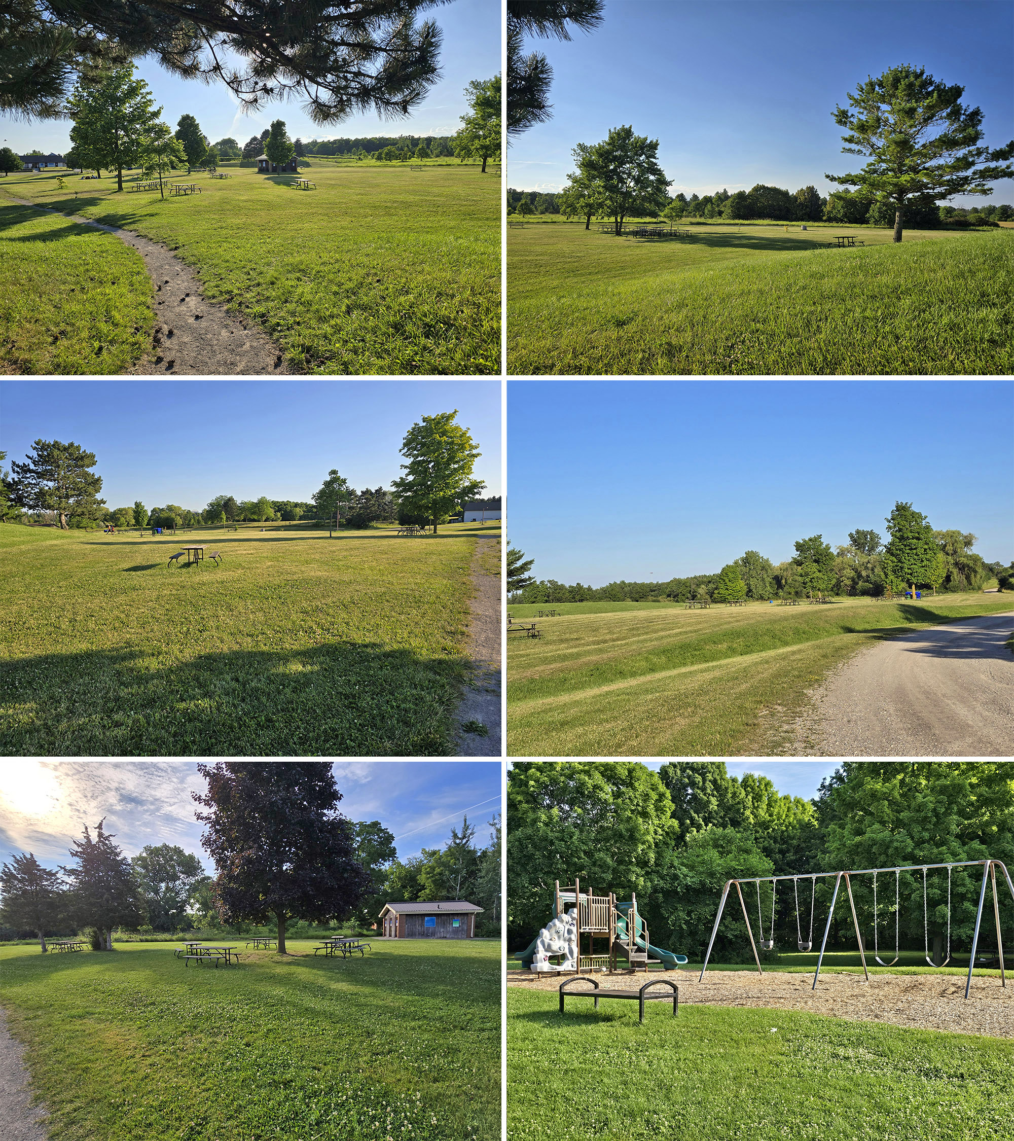 6 part image showing different clearing areas with picnic tables.