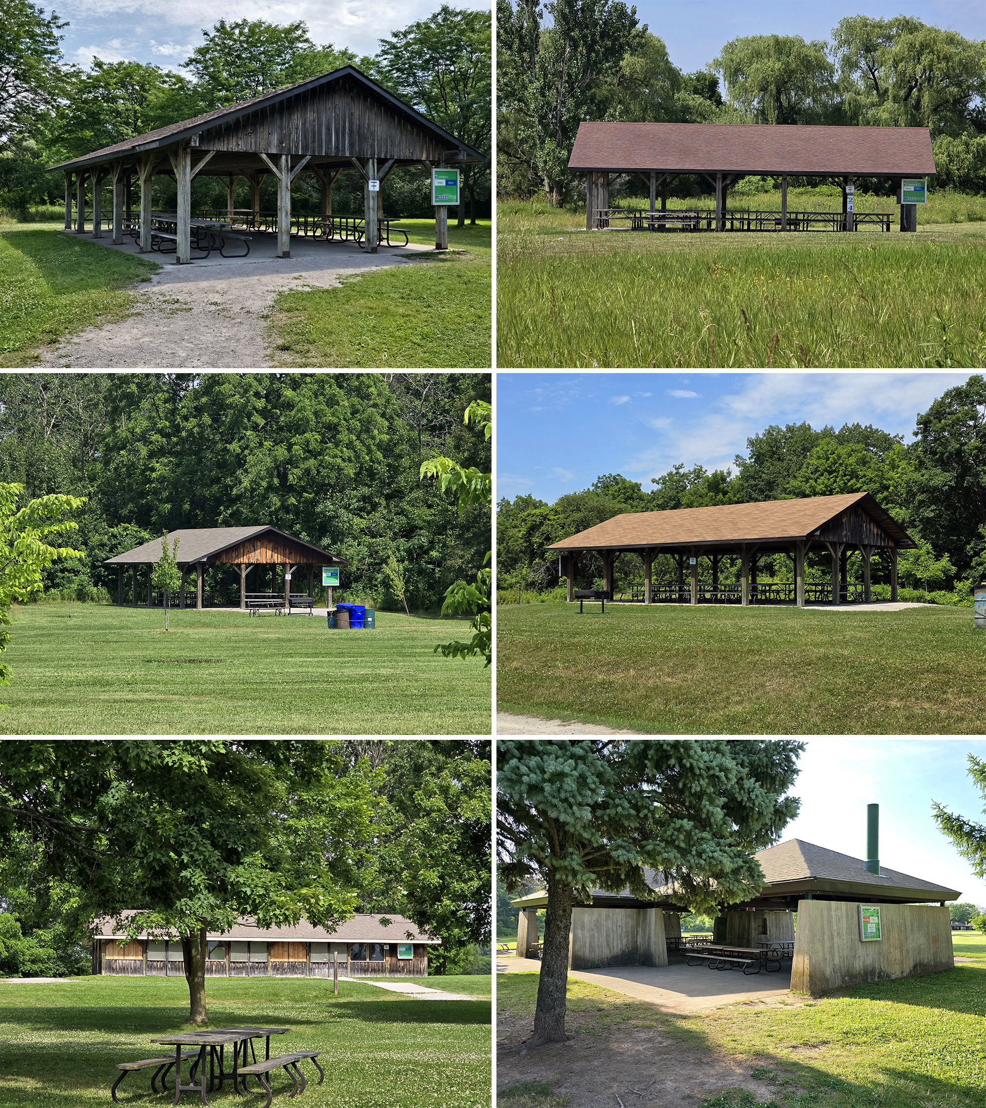 6 part image showing various picnic shelters.