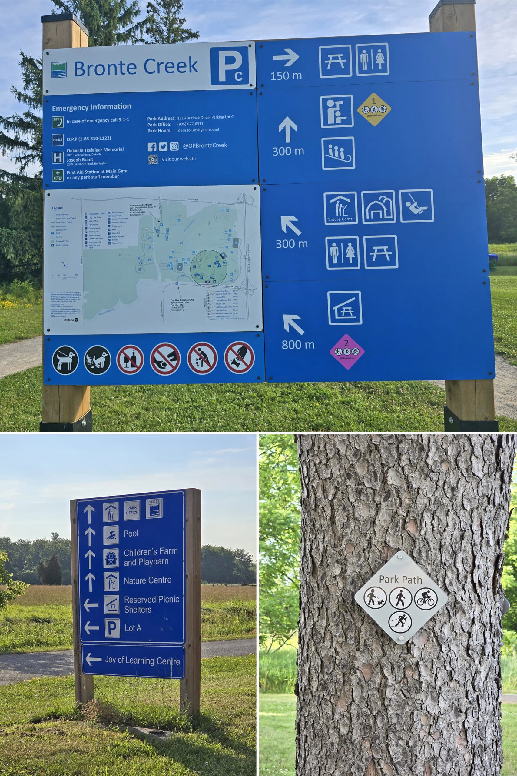 3 part image showing various Bronte Creek Provincial Park signage, as described.