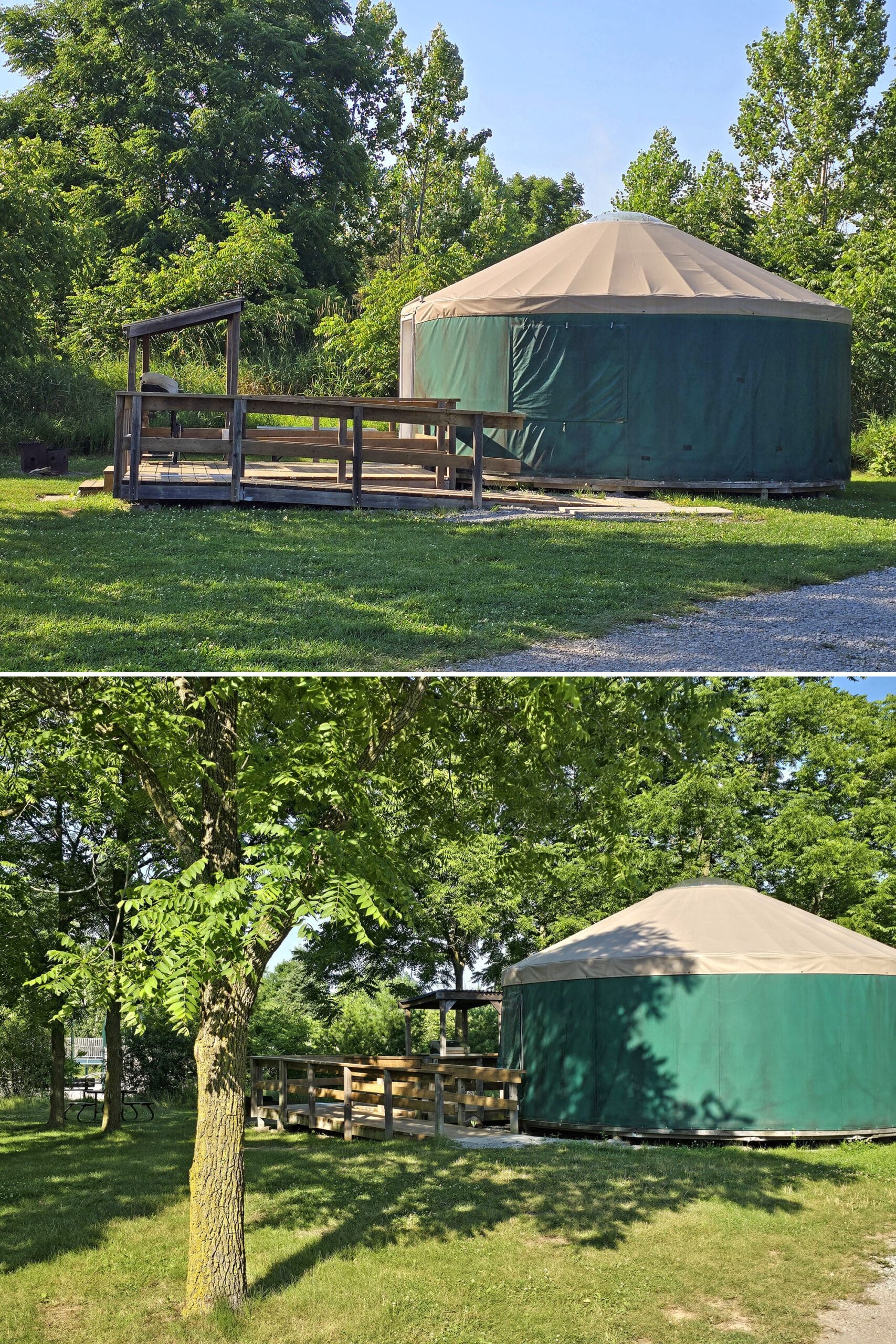 2 part image showing different soft sided shelter yurts in Bronte Creek Provincial Park.