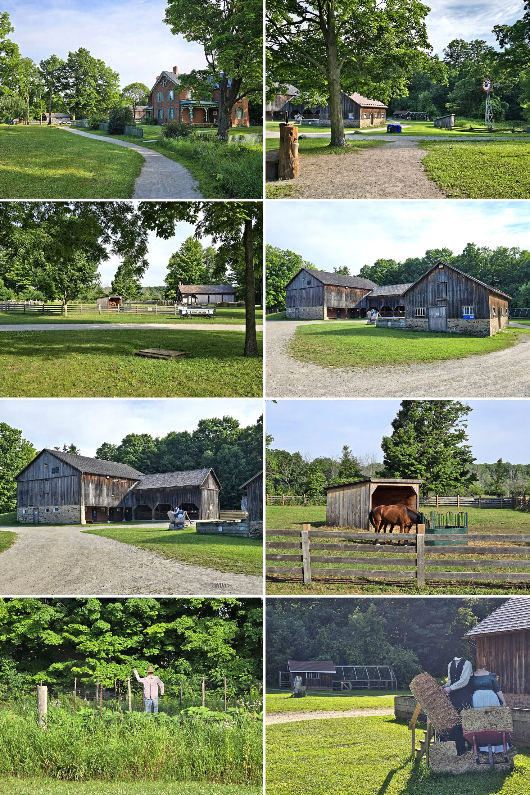 8 part image showing various attractions at Spruce Lane Farm in Bronte Creek Provincial Park.