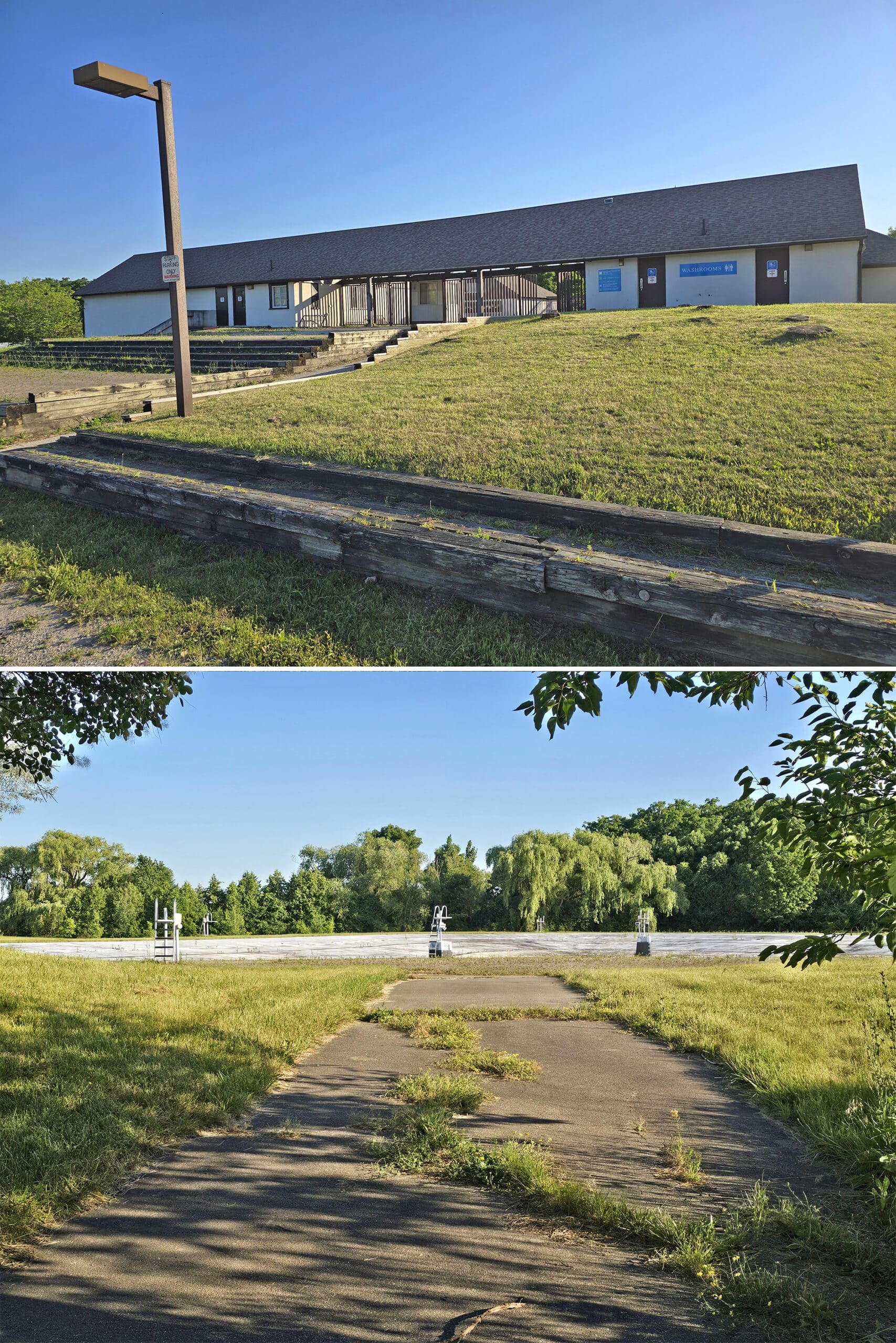 2 part image showing an abandoned swimming pool at Bronte Creek Provincial Park.