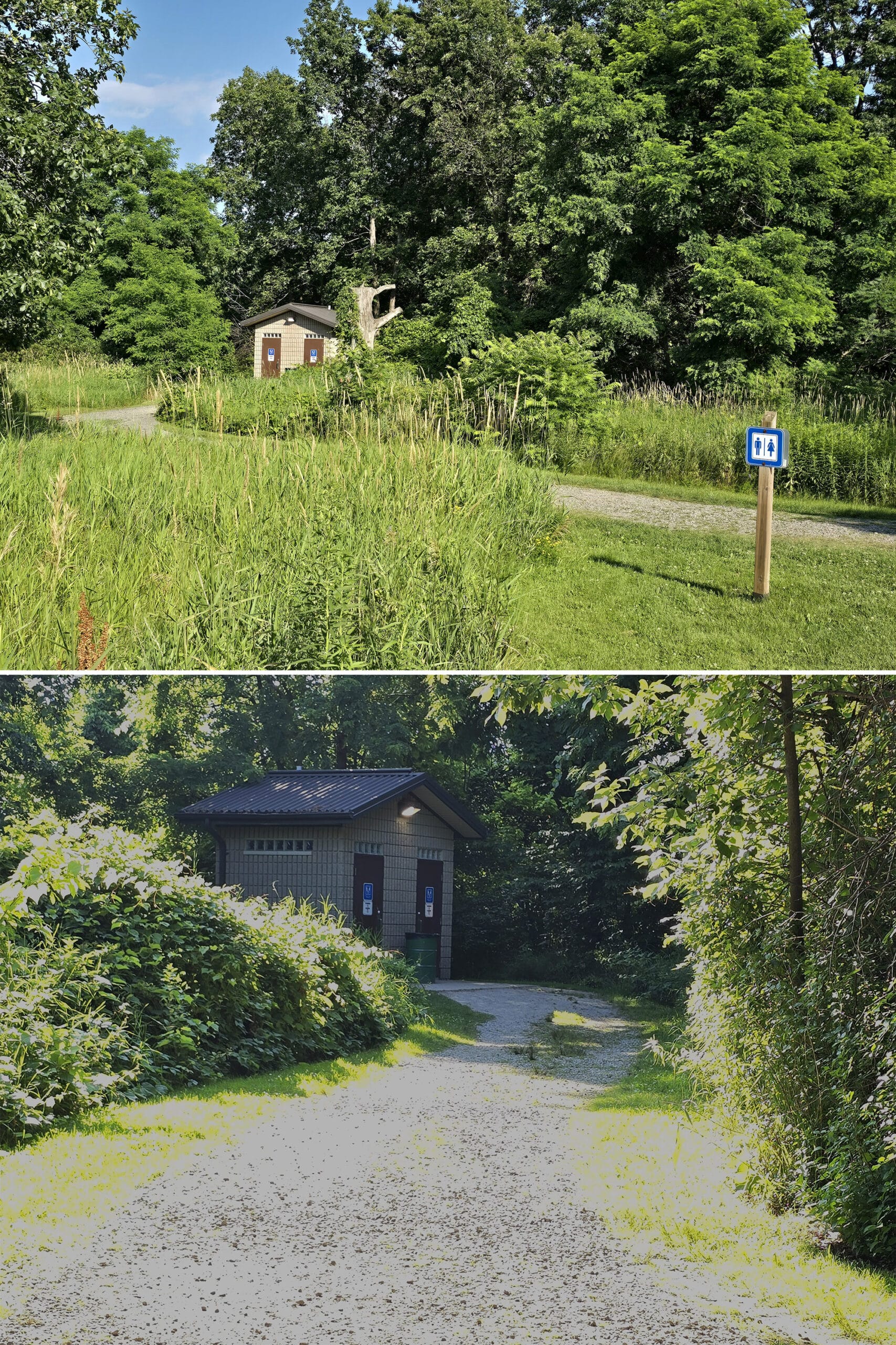 2 part image showing different outhouses in Bronte Creek.