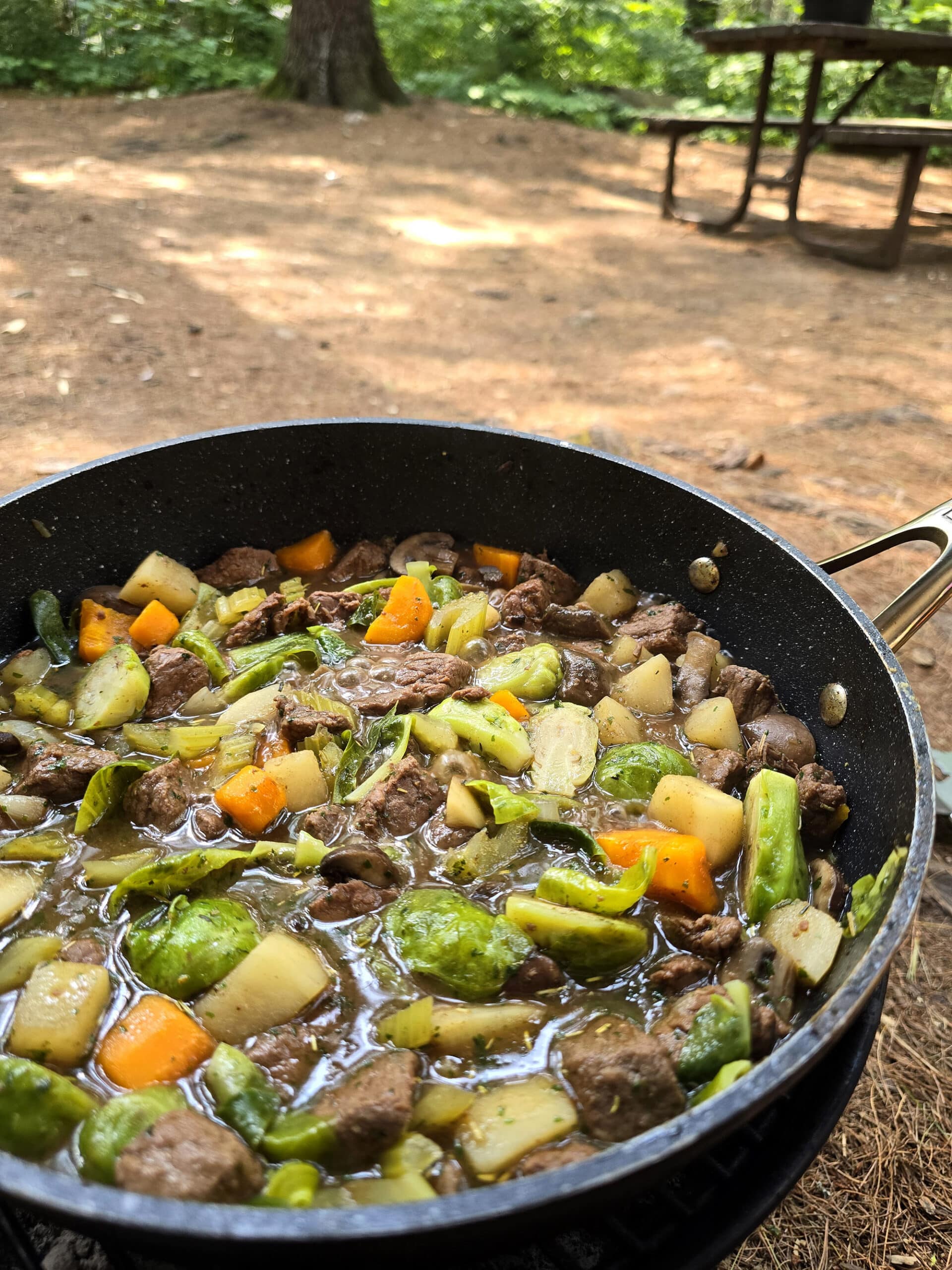 A large pot of campfire stew over a charcoal BBQ.