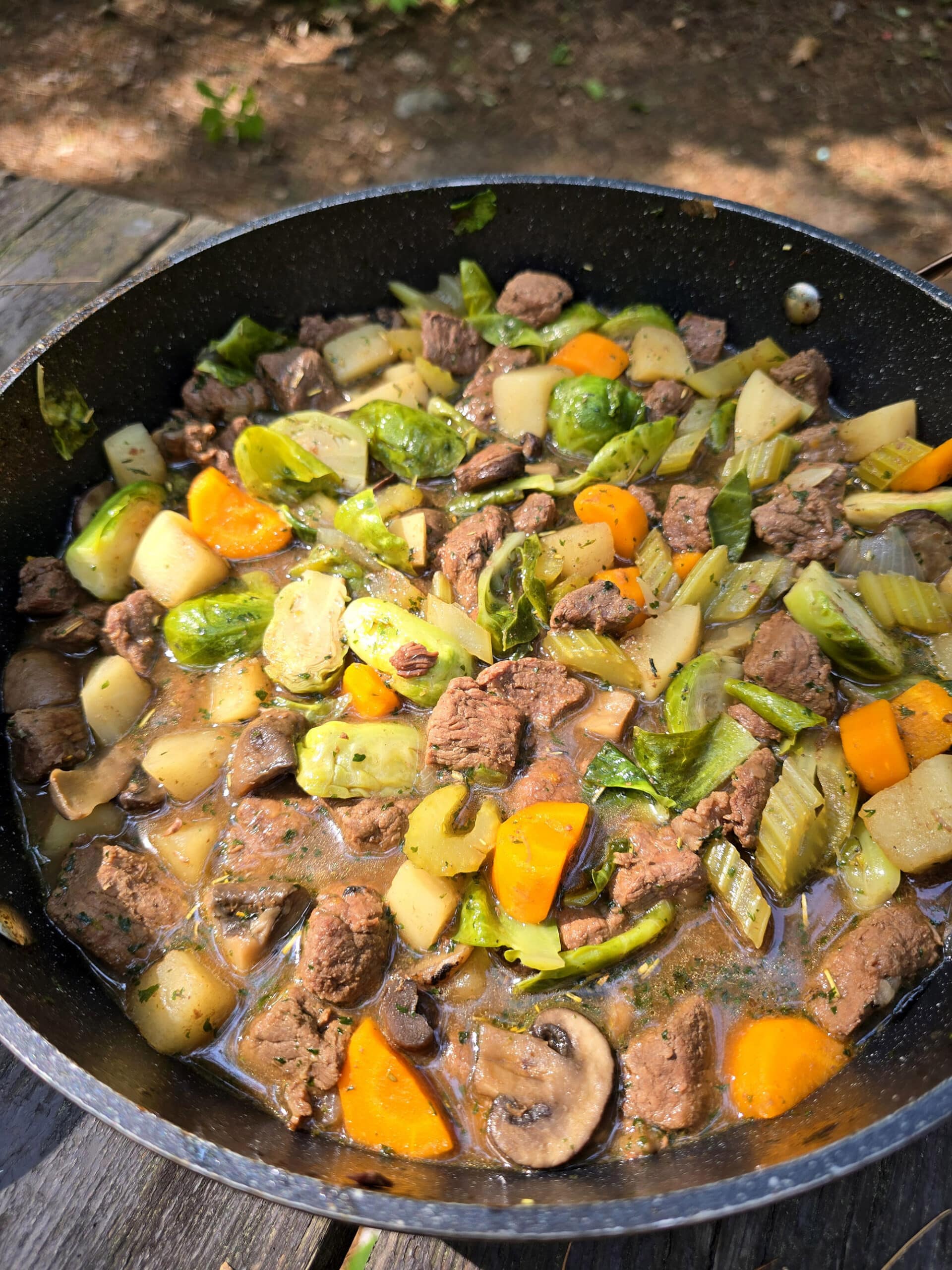 A large pot of stew over a charcoal BBQ.