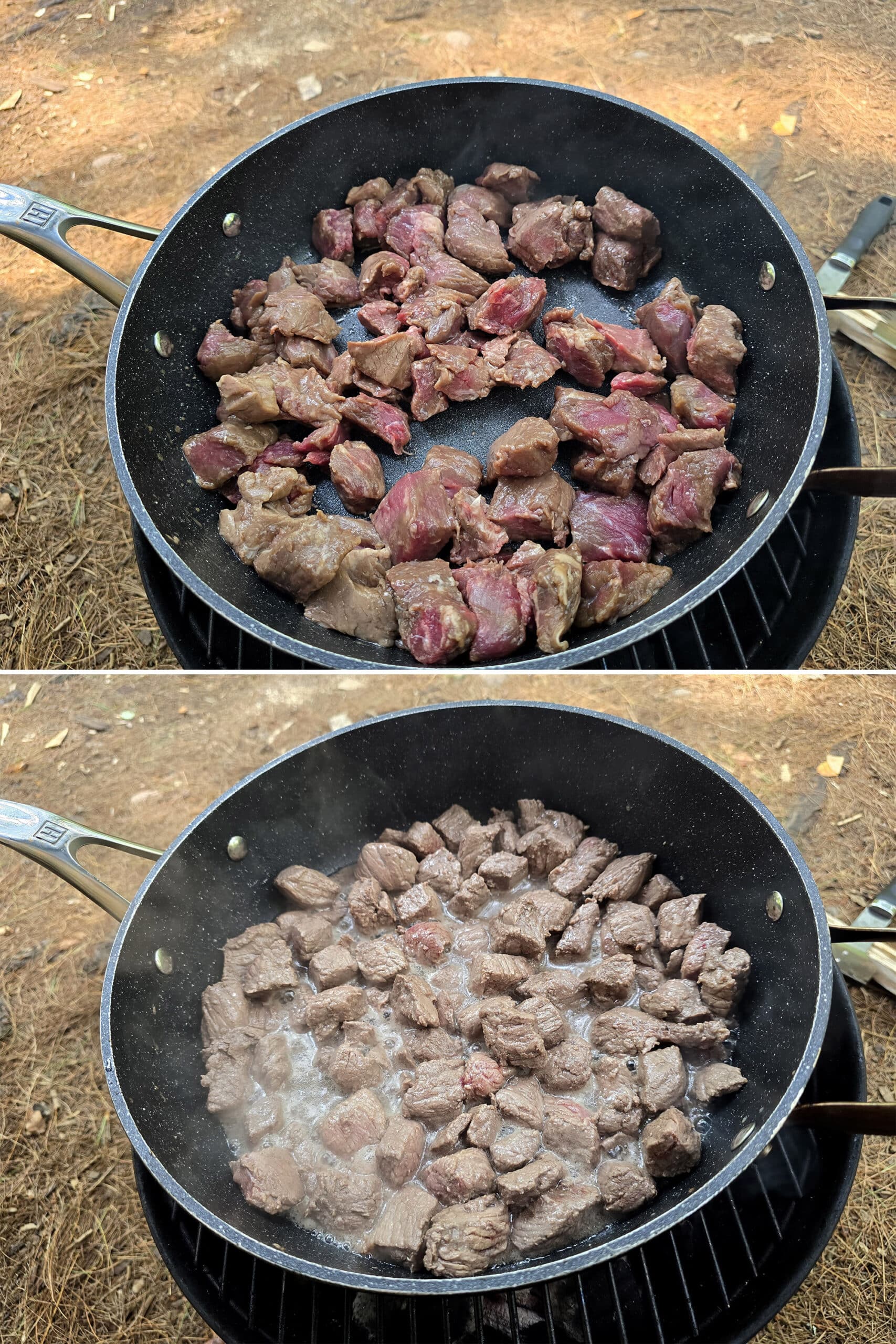 2 part image showing the beef being seared in a dutch oven over a fire.