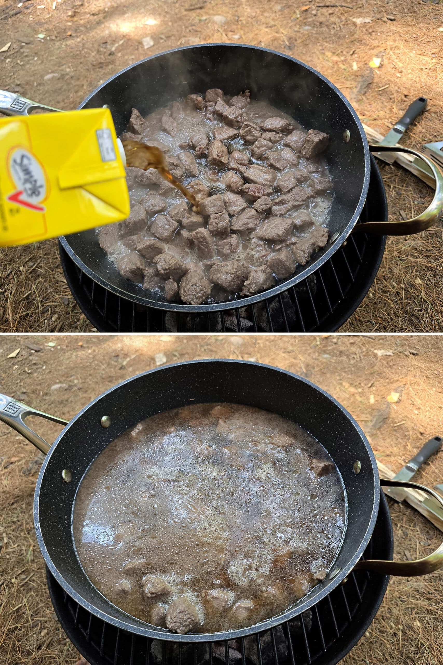 2 part image showing broth being added to the beef.