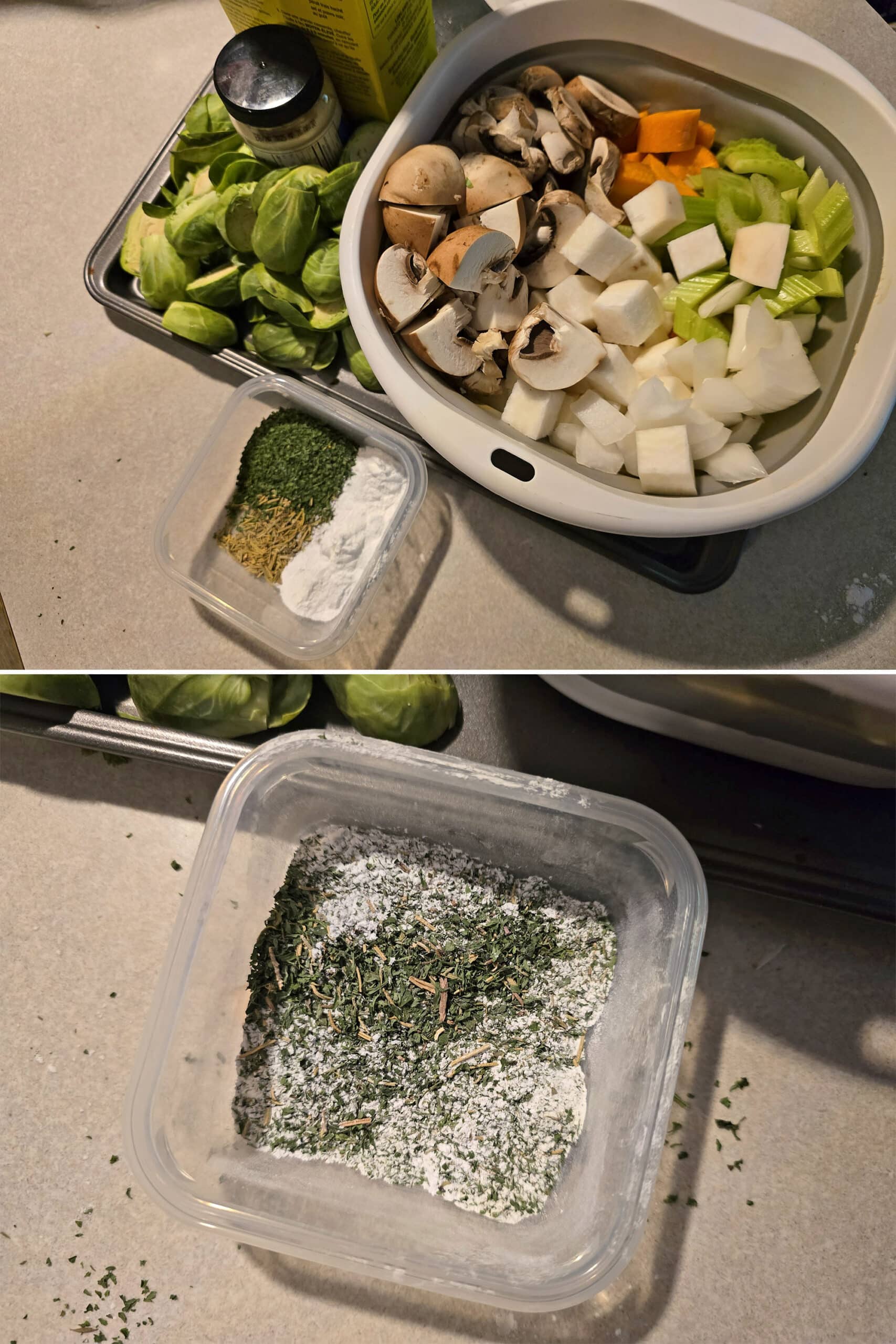 2 part image showing a bowl of vegetables, a plate of prepared brussels sprouts, and a little container of starch and dried herbs.