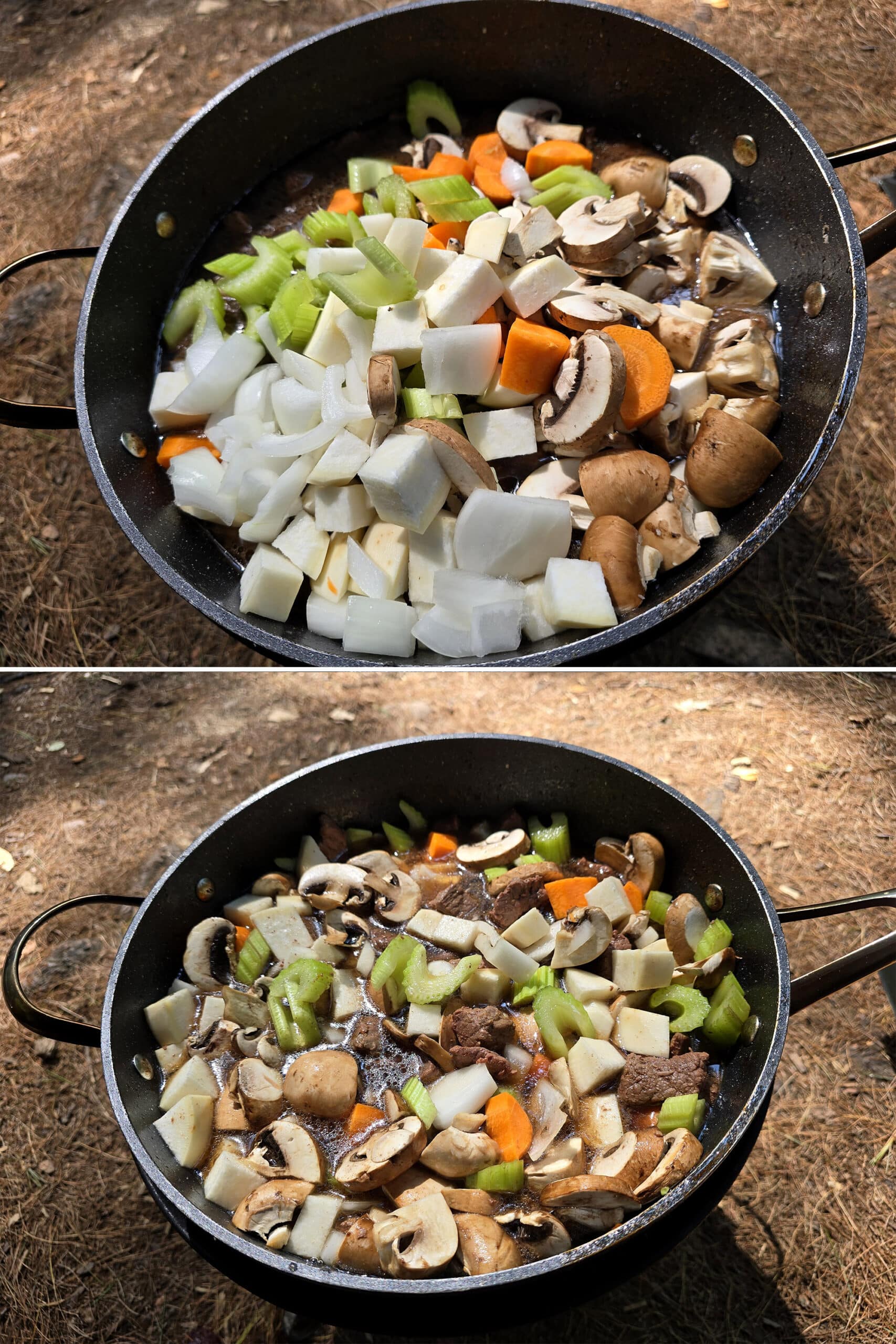 2 part image showing the vegetables being added to the pot of stew and stirred in.