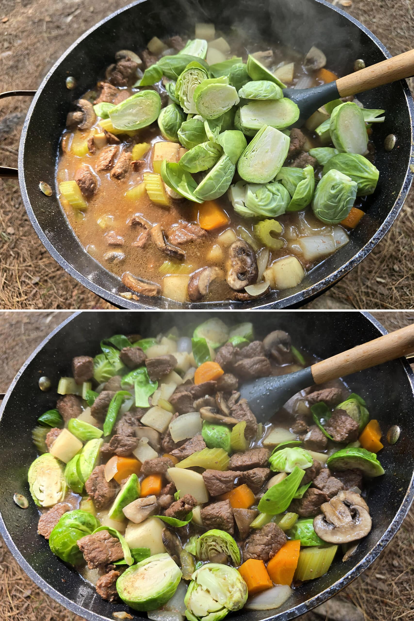 2 part image showing the Brussels Sprouts being added to the pot of stew.